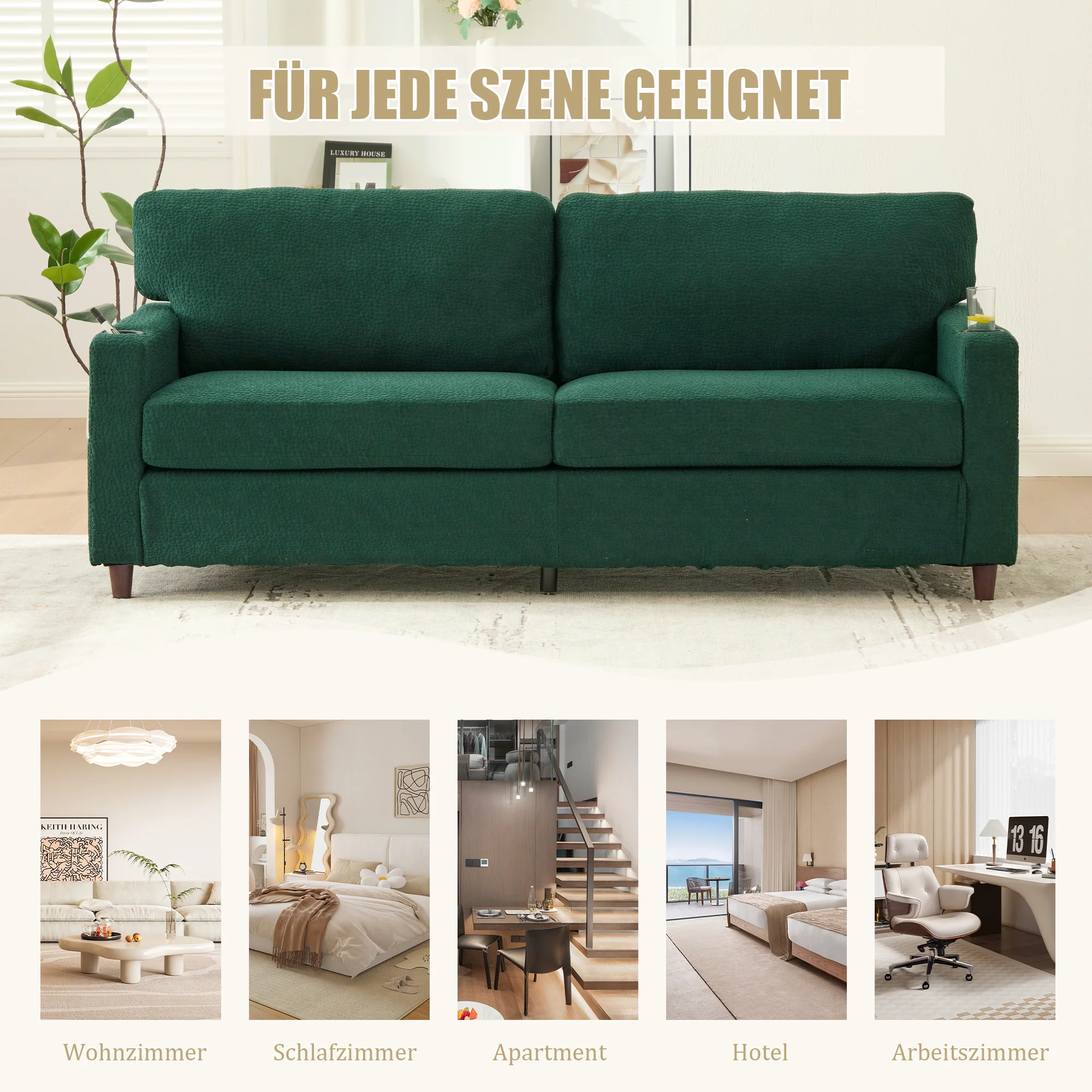 2-Seater Sofa Modern USB-C LED Cup Holders Side Pockets - Emerald Chenille - Image 7