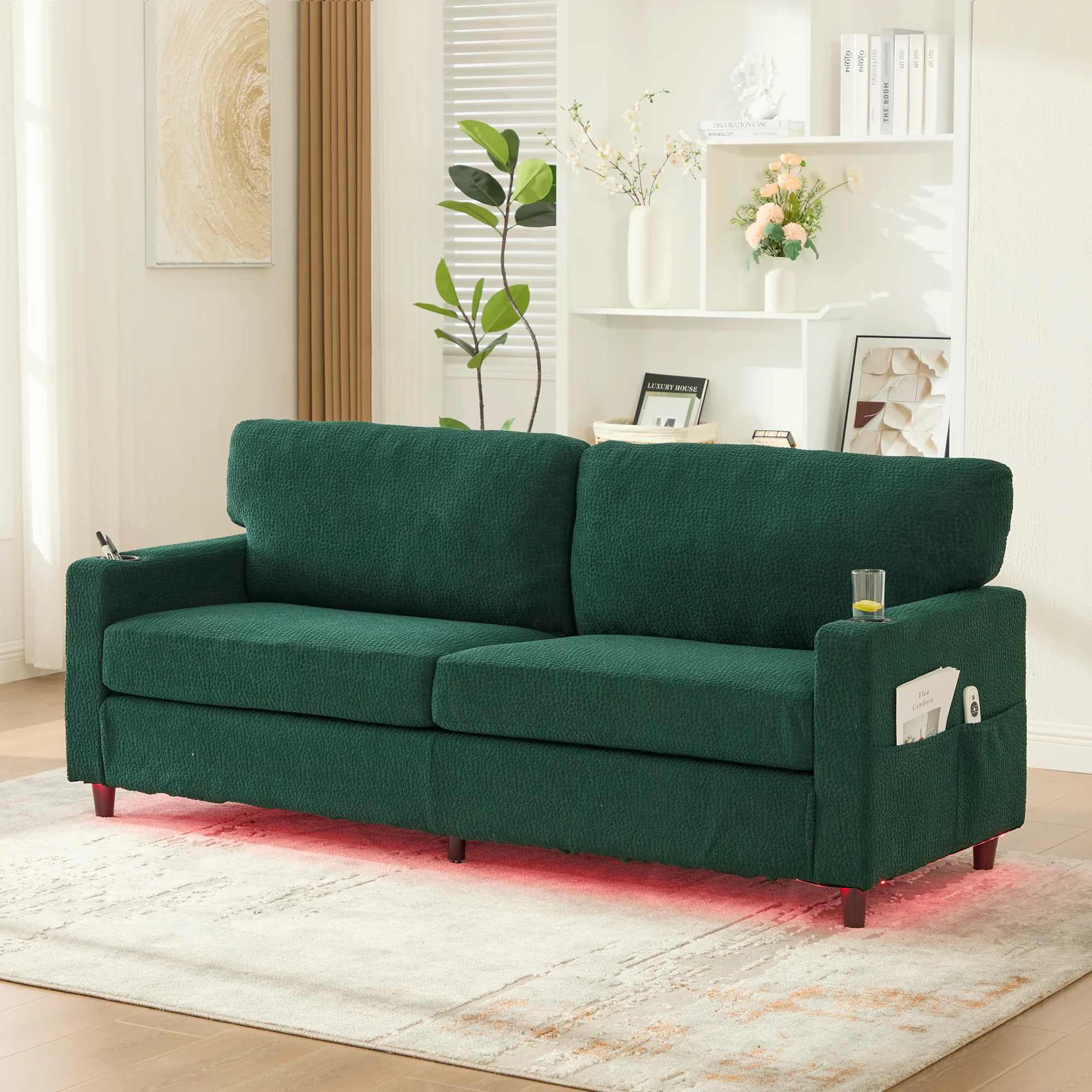 2-Seater Sofa Modern USB-C LED Cup Holders Side Pockets - Emerald Chenille - Image 9