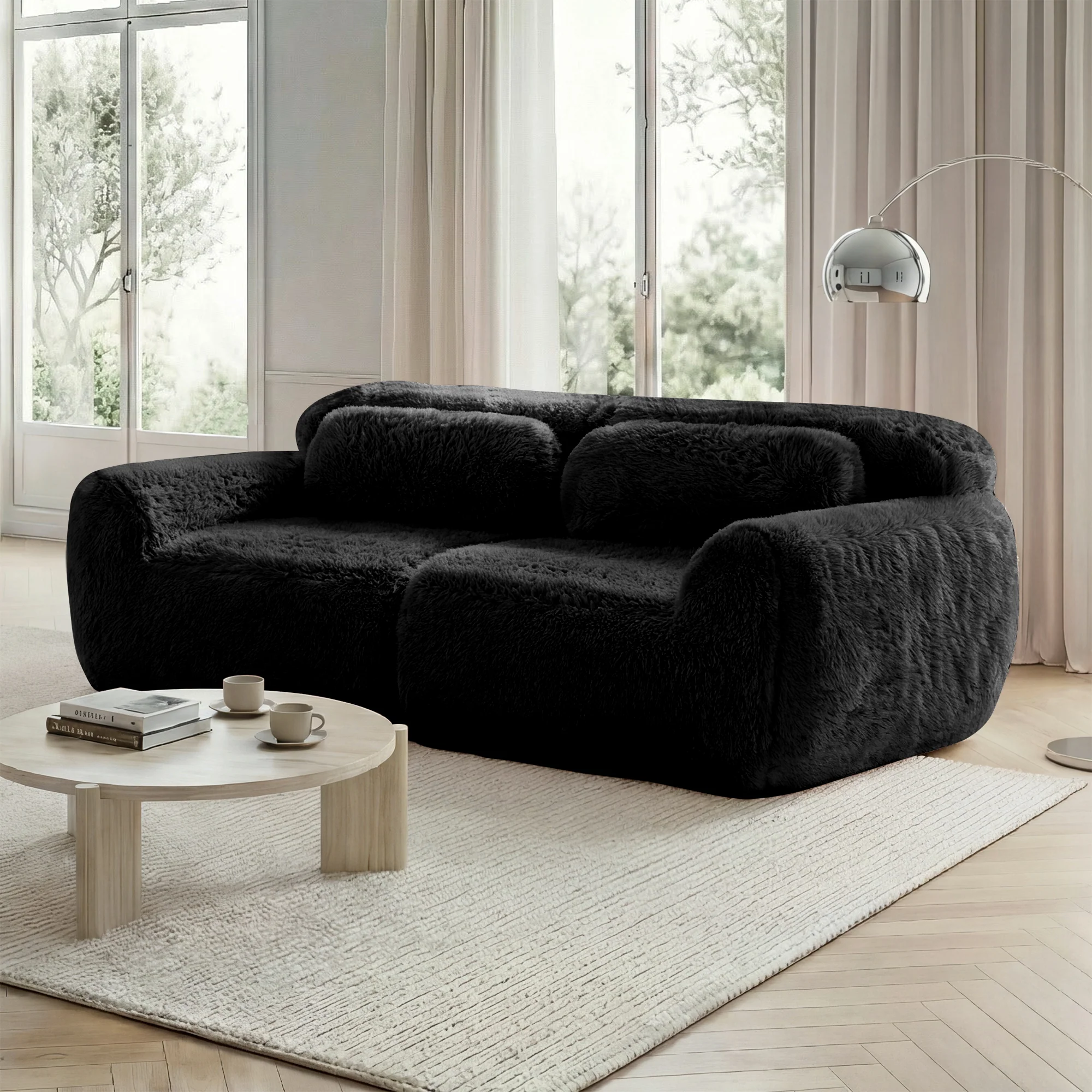 2-Seater Sofa Modular Frameless Plush Fabric with Cushions - Black