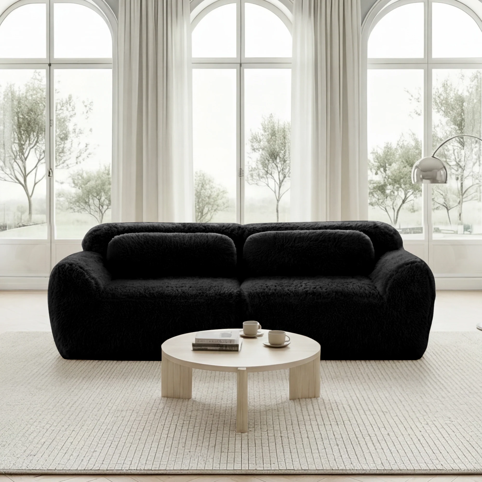 2-Seater Sofa Modular Frameless Plush Fabric with Cushions - Black - Image 2