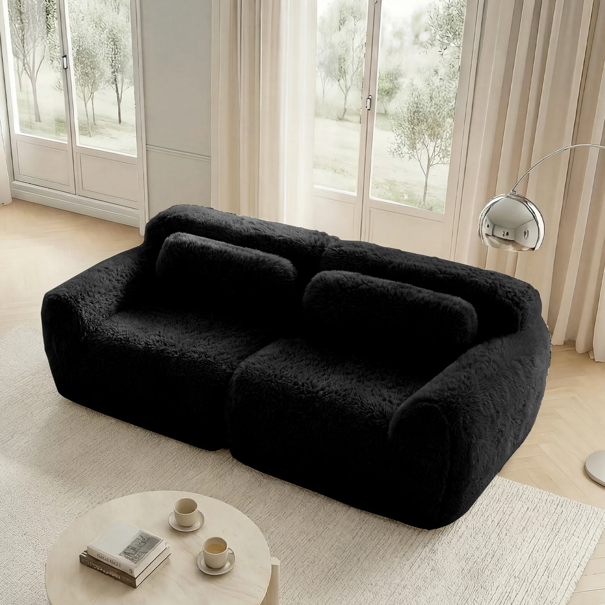 2-Seater Sofa Modular Frameless Plush Fabric with Cushions - Black - Image 3