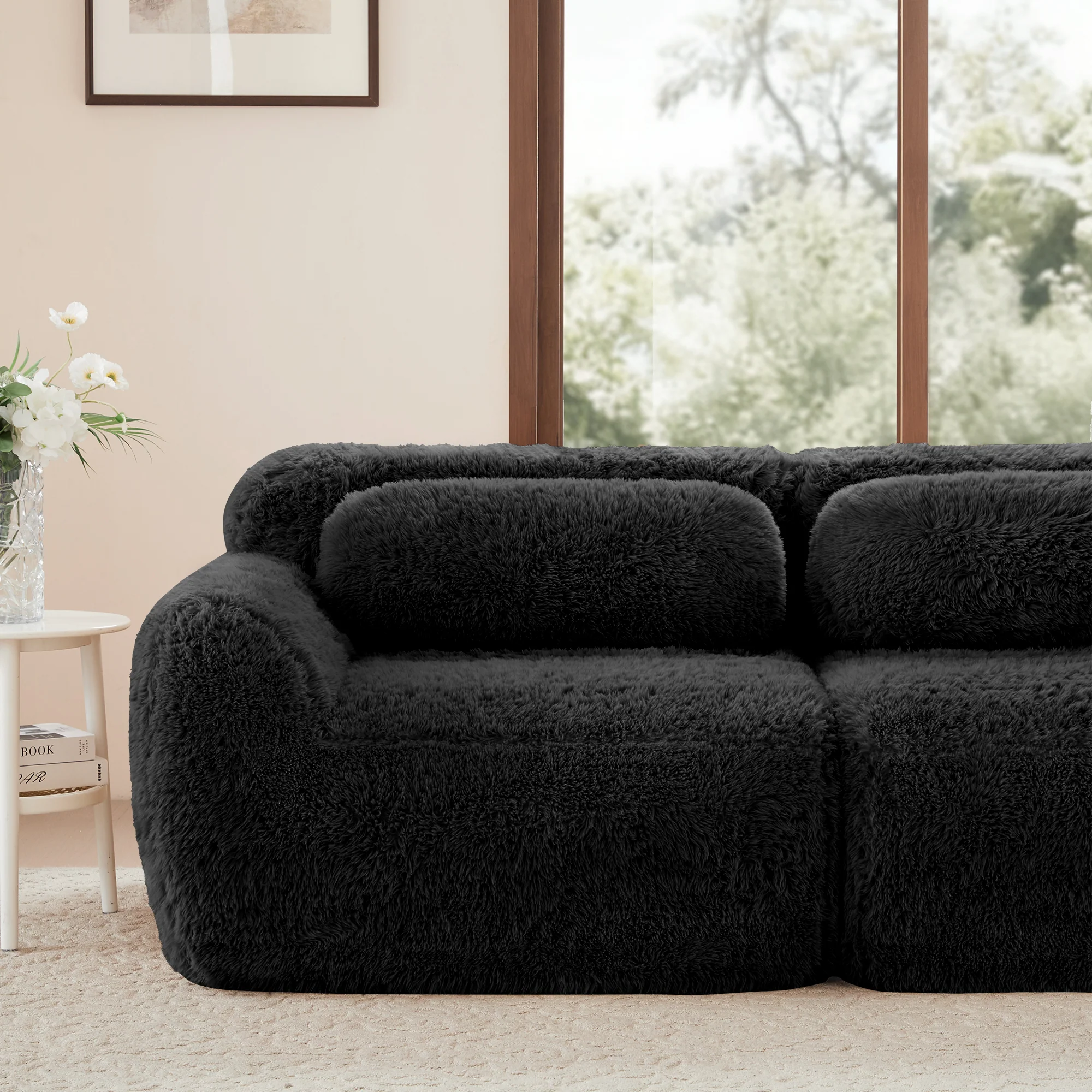 2-Seater Sofa Modular Frameless Plush Fabric with Cushions - Black - Image 9