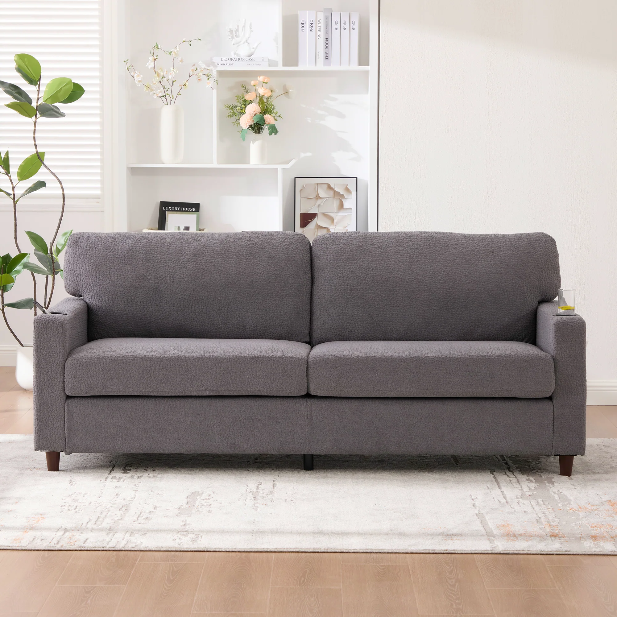 2-Seater Sofa USB-C LED Cup Holders & Pockets - Light Gray Chenille - Image 10