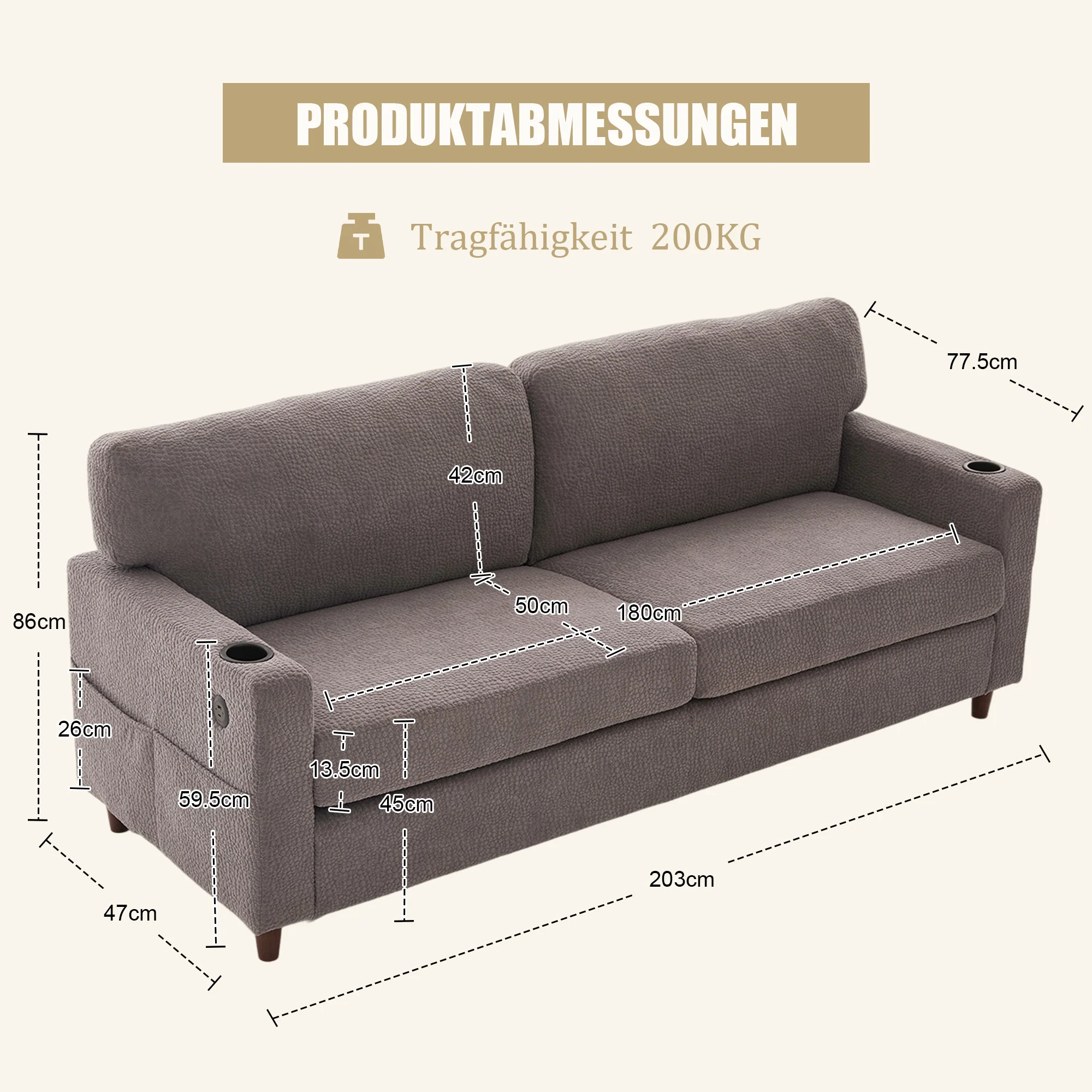 2-Seater Sofa USB-C LED Cup Holders & Pockets - Light Gray Chenille - Image 2