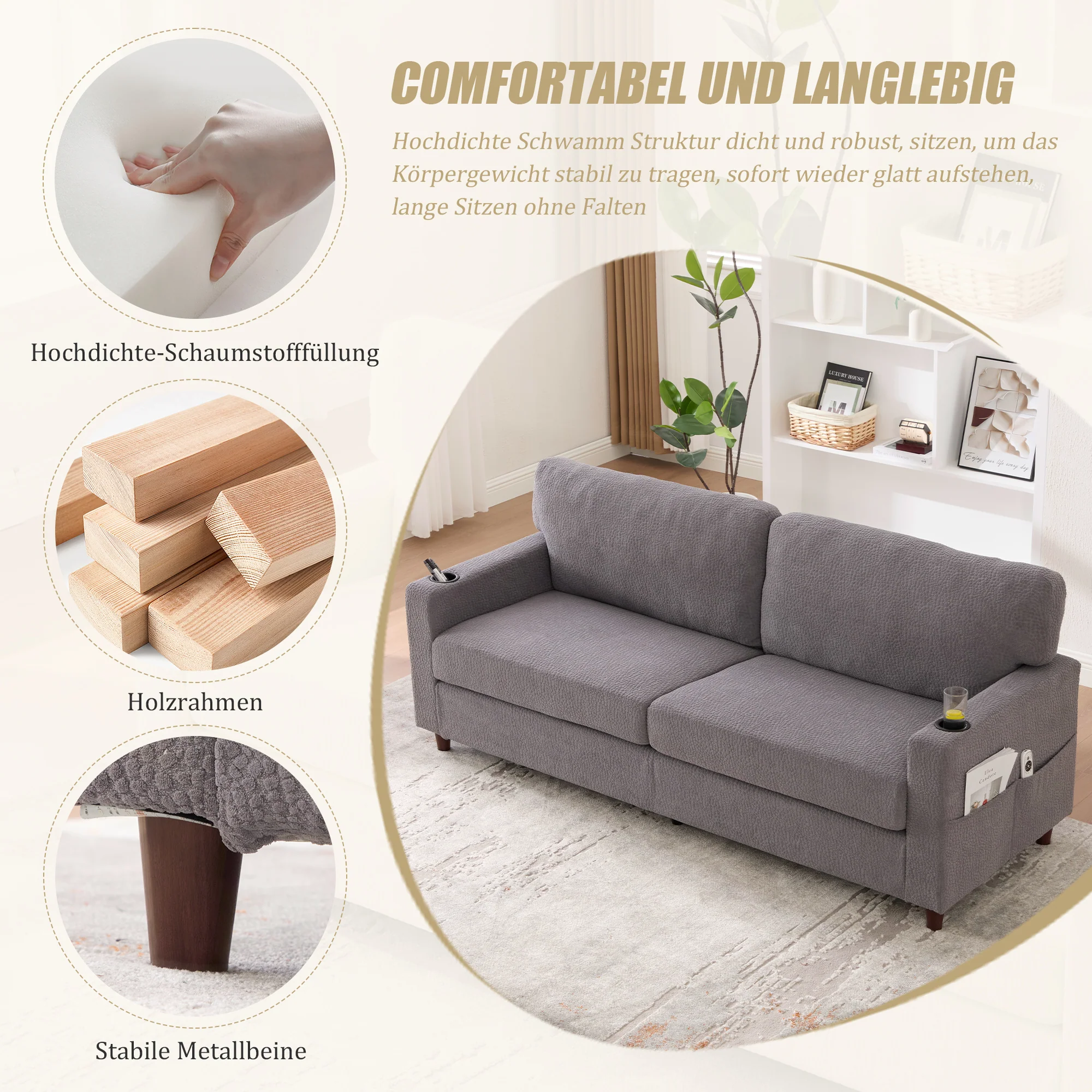 2-Seater Sofa USB-C LED Cup Holders & Pockets - Light Gray Chenille - Image 3