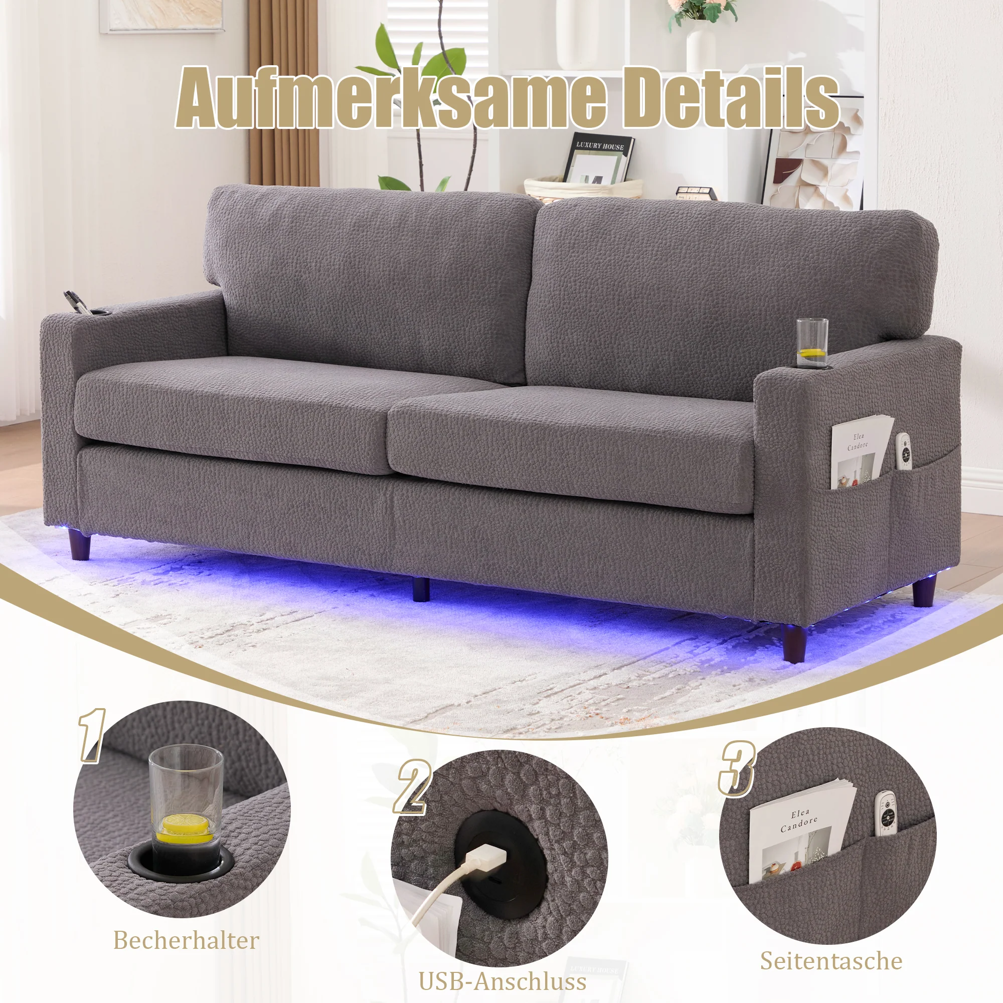 2-Seater Sofa USB-C LED Cup Holders & Pockets - Light Gray Chenille - Image 4