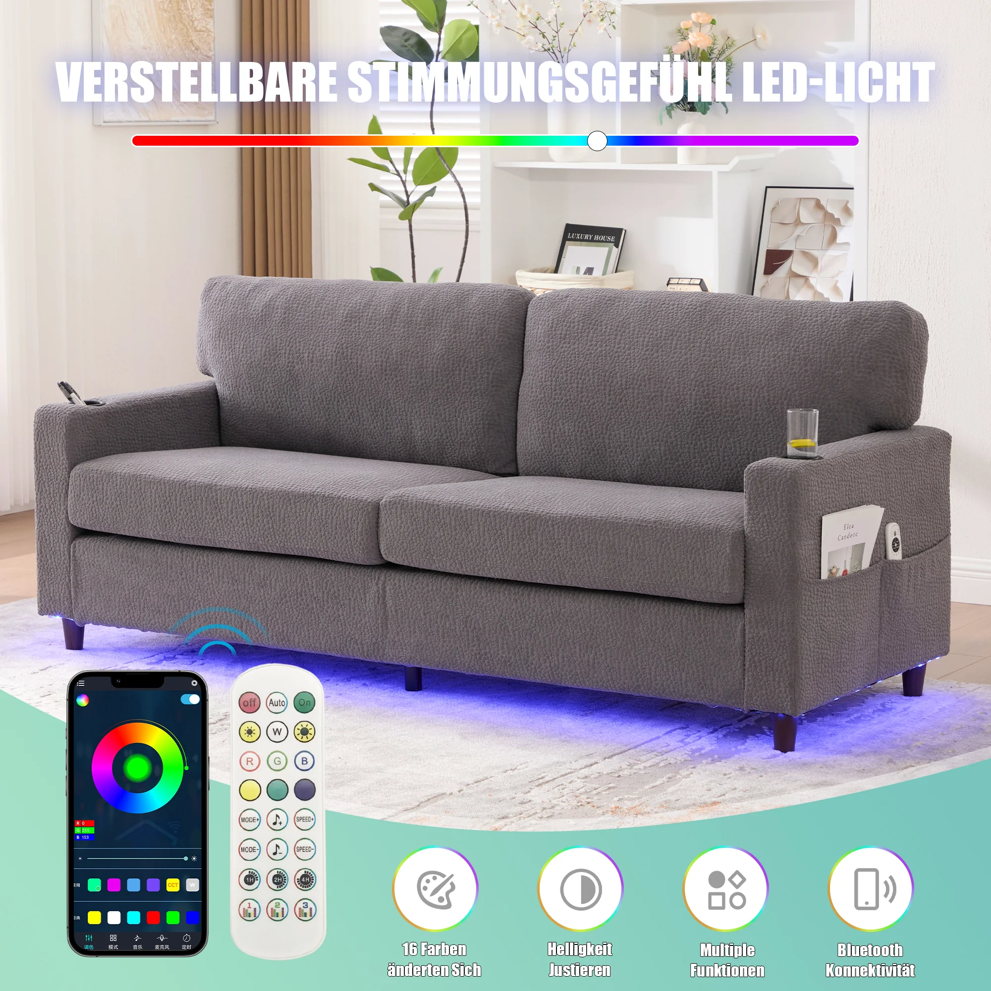 2-Seater Sofa USB-C LED Cup Holders & Pockets - Light Gray Chenille - Image 5