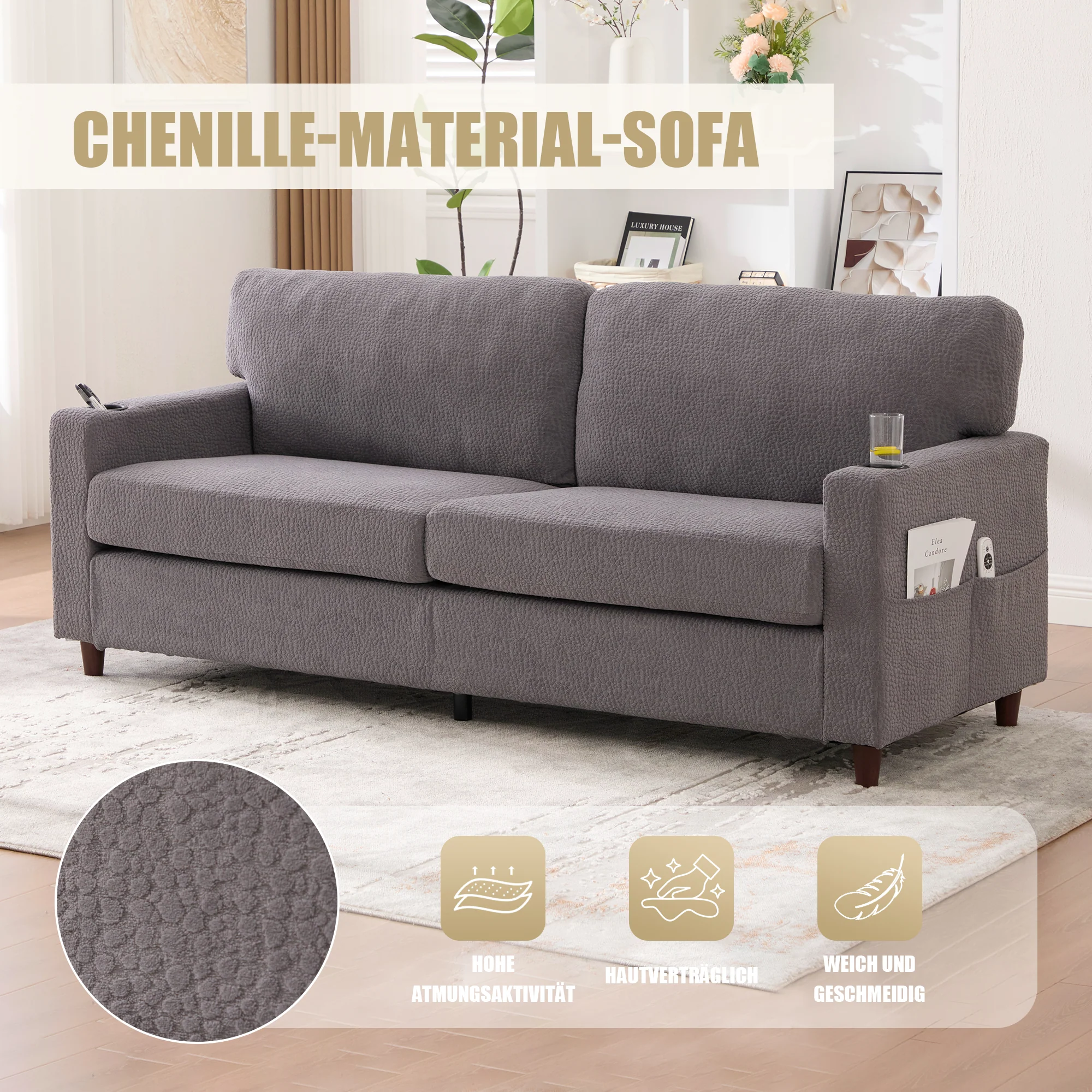 2-Seater Sofa USB-C LED Cup Holders & Pockets - Light Gray Chenille - Image 6