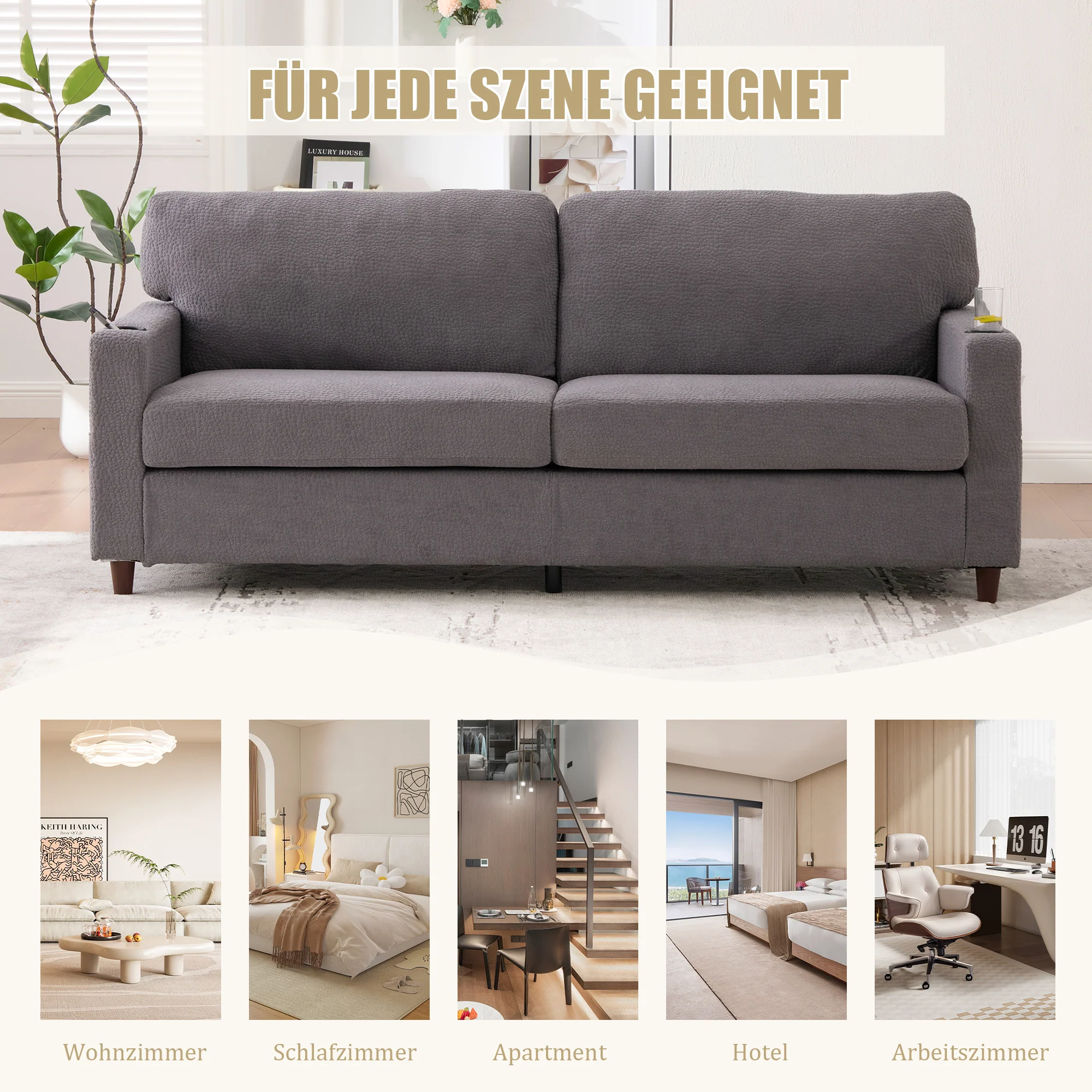 2-Seater Sofa USB-C LED Cup Holders & Pockets - Light Gray Chenille - Image 7