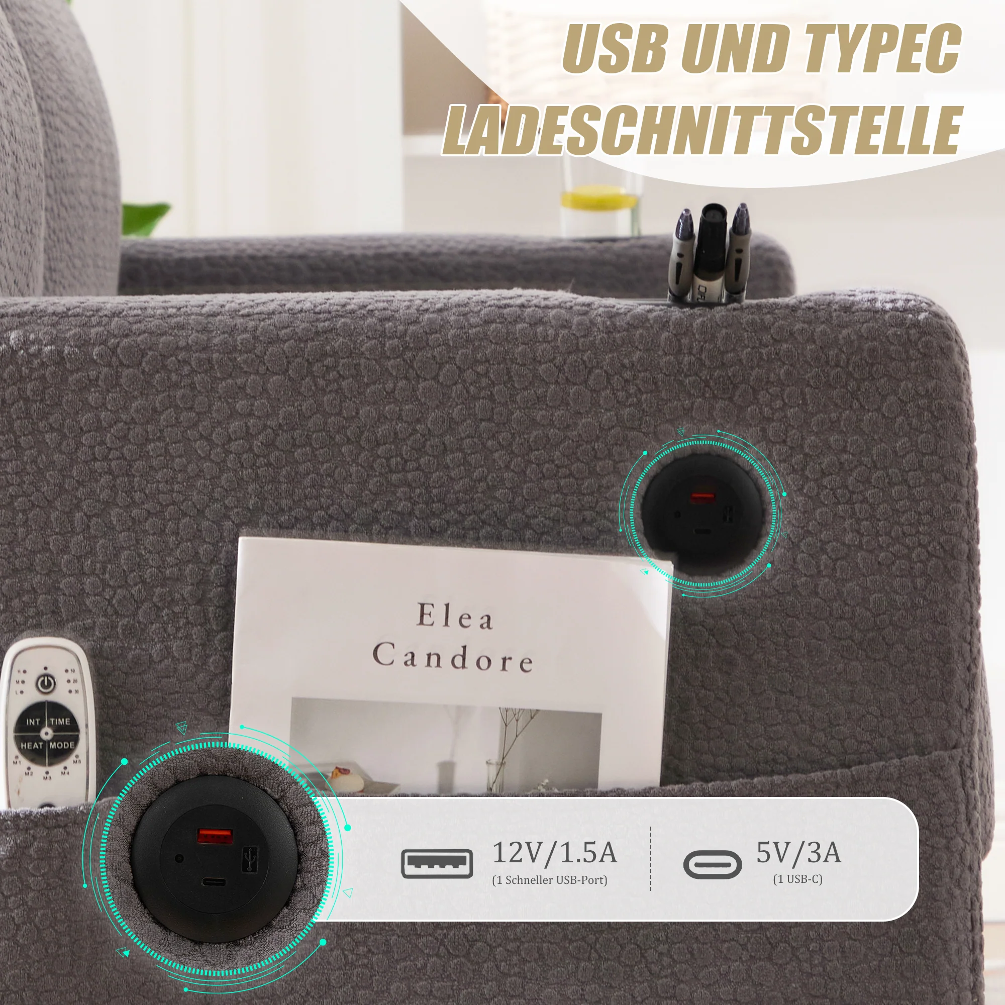 2-Seater Sofa USB-C LED Cup Holders & Pockets - Light Gray Chenille - Image 8