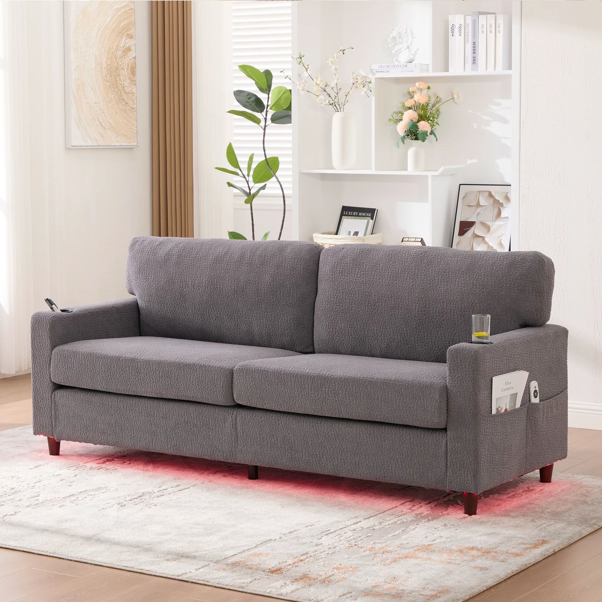 2-Seater Sofa USB-C LED Cup Holders & Pockets - Light Gray Chenille - Image 9