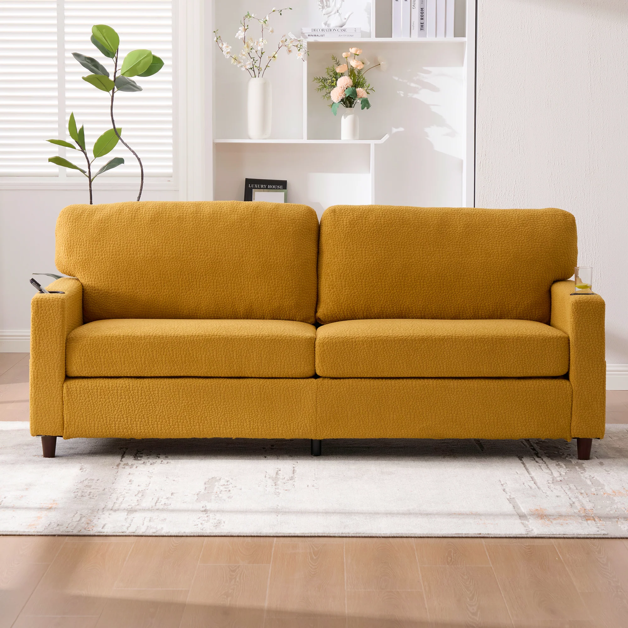 2-Seater Sofa USB-C LED Cup Holders Storage - Mustard Yellow Chenille - Image 10