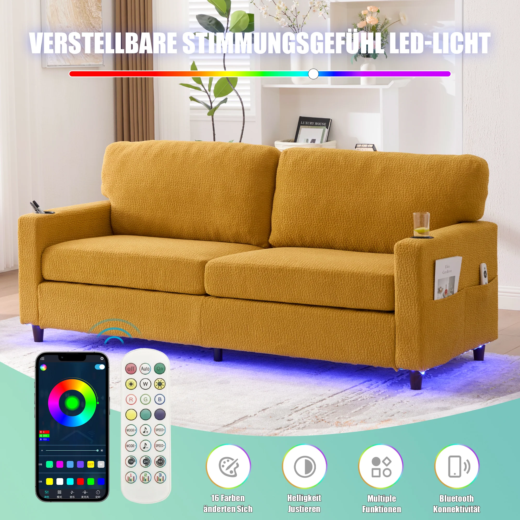 2-Seater Sofa USB-C LED Cup Holders Storage - Mustard Yellow Chenille - Image 5