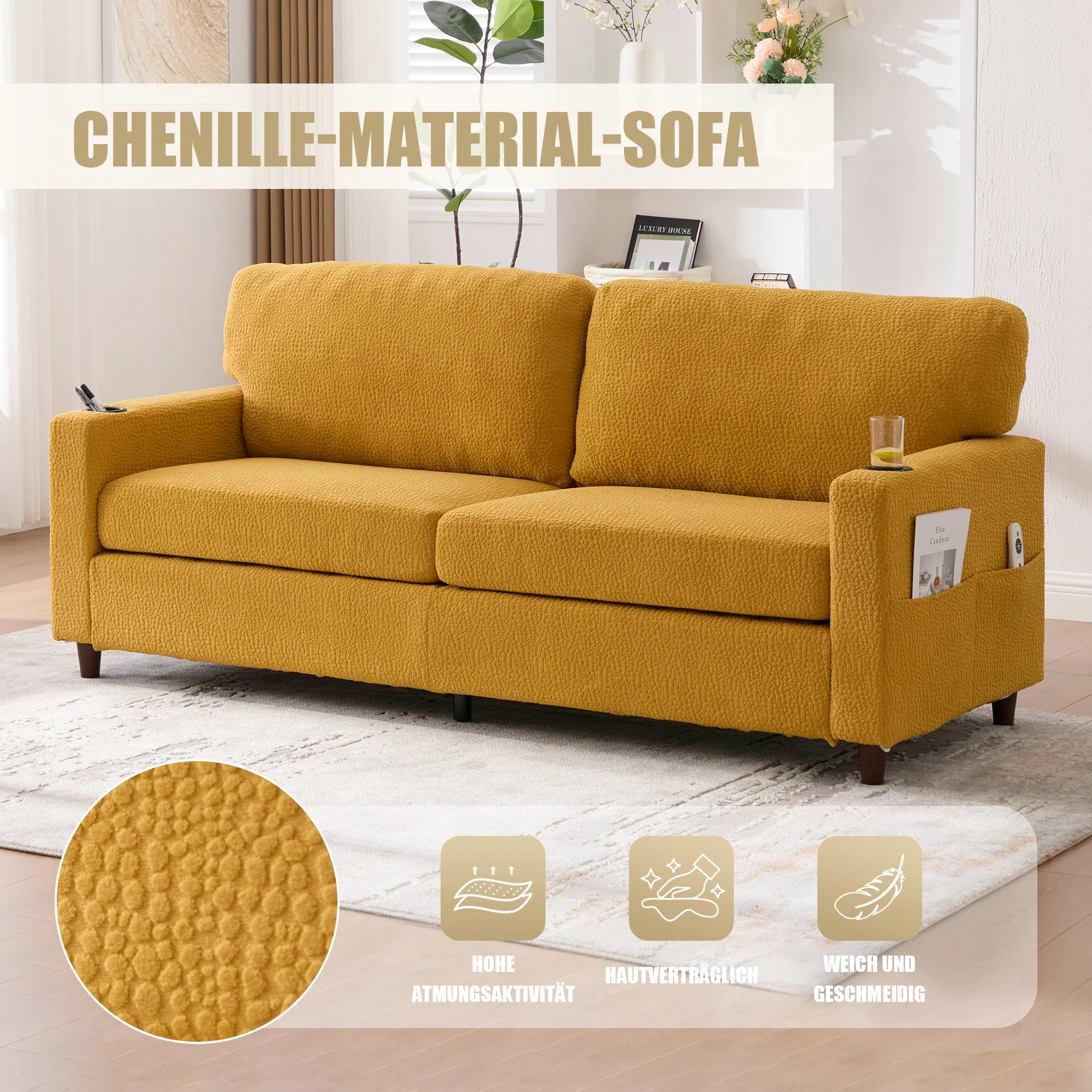 2-Seater Sofa USB-C LED Cup Holders Storage - Mustard Yellow Chenille - Image 6