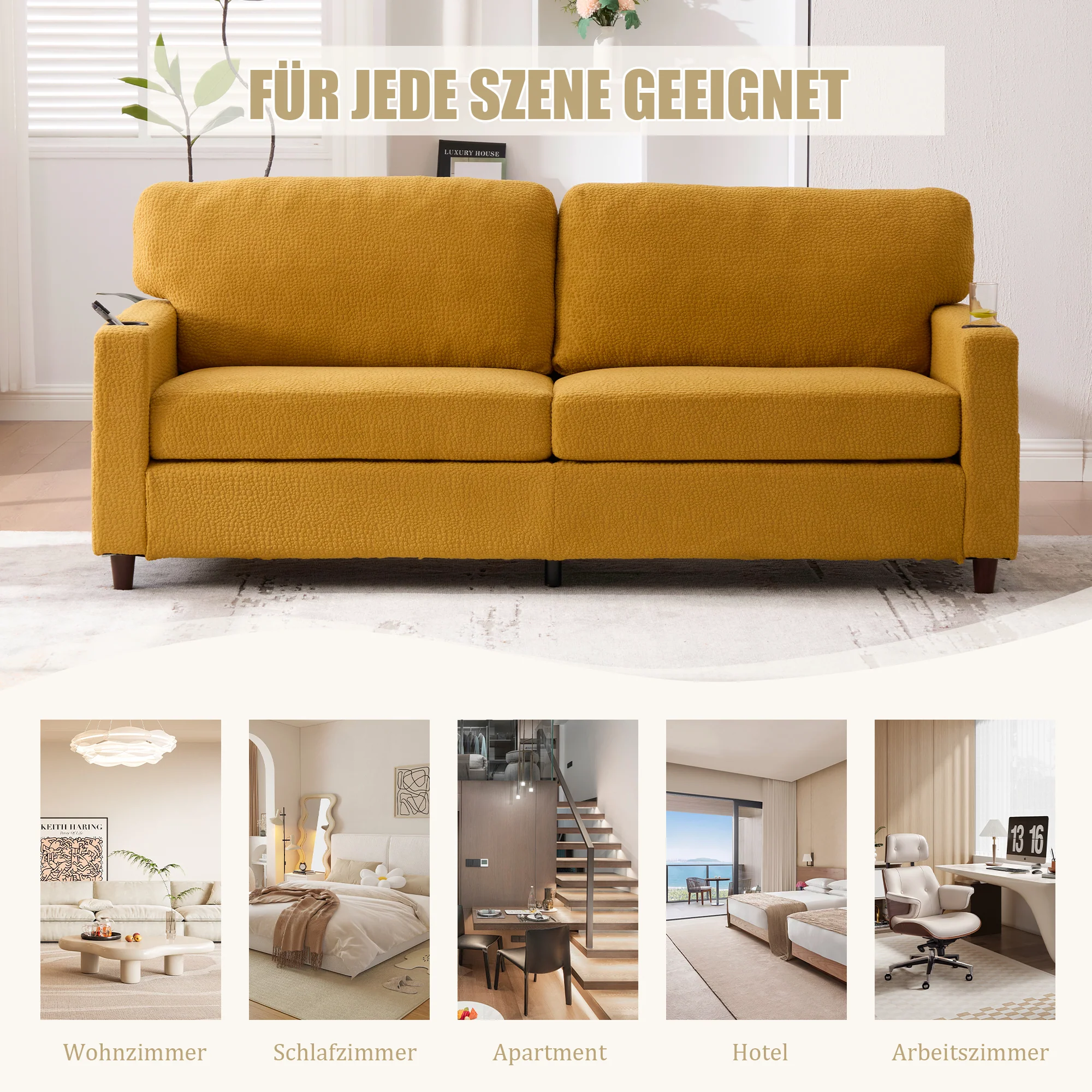 2-Seater Sofa USB-C LED Cup Holders Storage - Mustard Yellow Chenille - Image 7