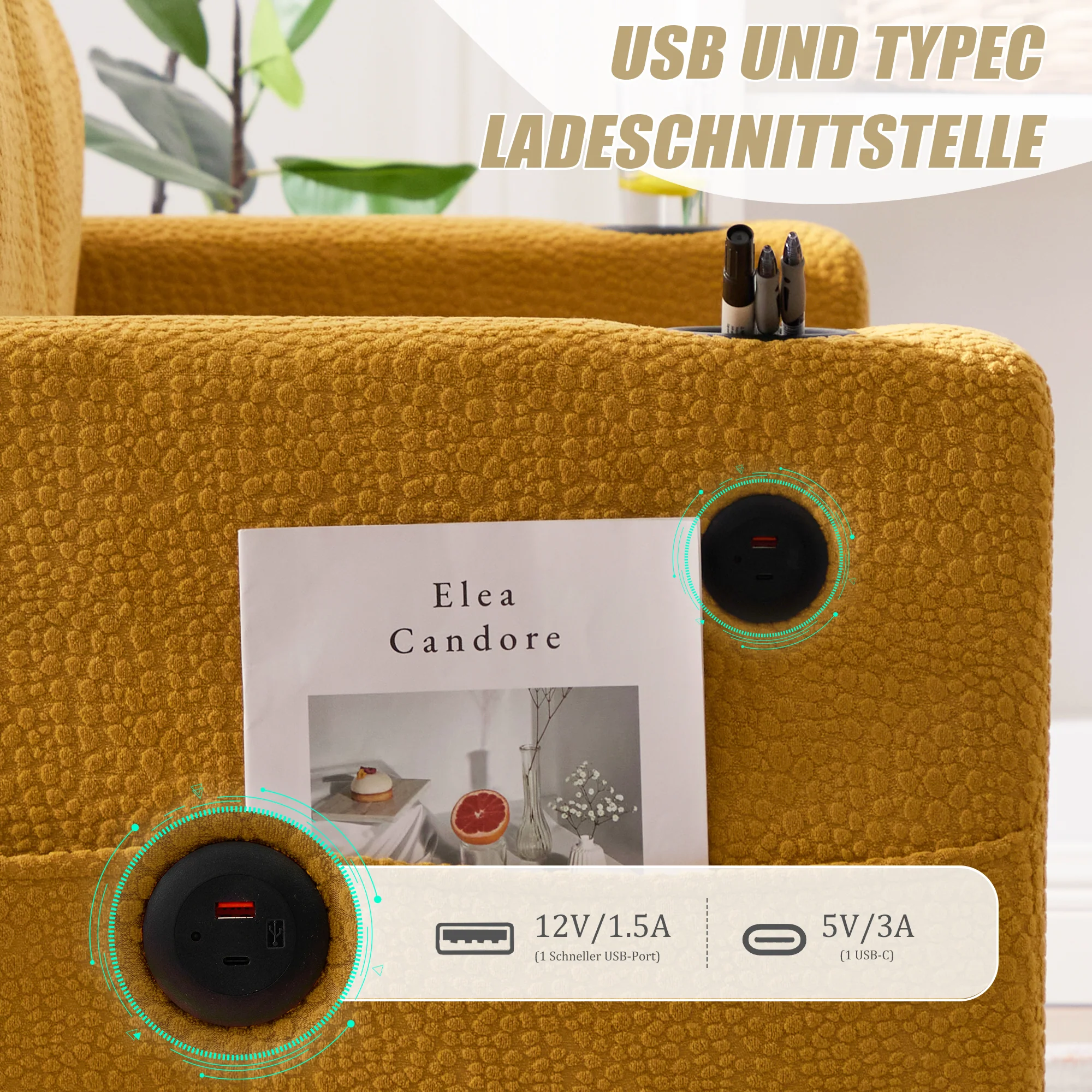 2-Seater Sofa USB-C LED Cup Holders Storage - Mustard Yellow Chenille - Image 8