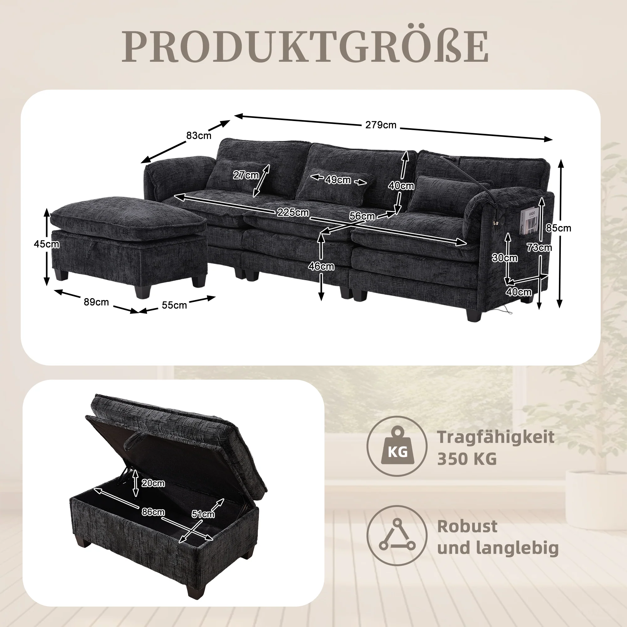 2-Seater Sofa USB Port Modular Footstool - Chenille Black - Image 2