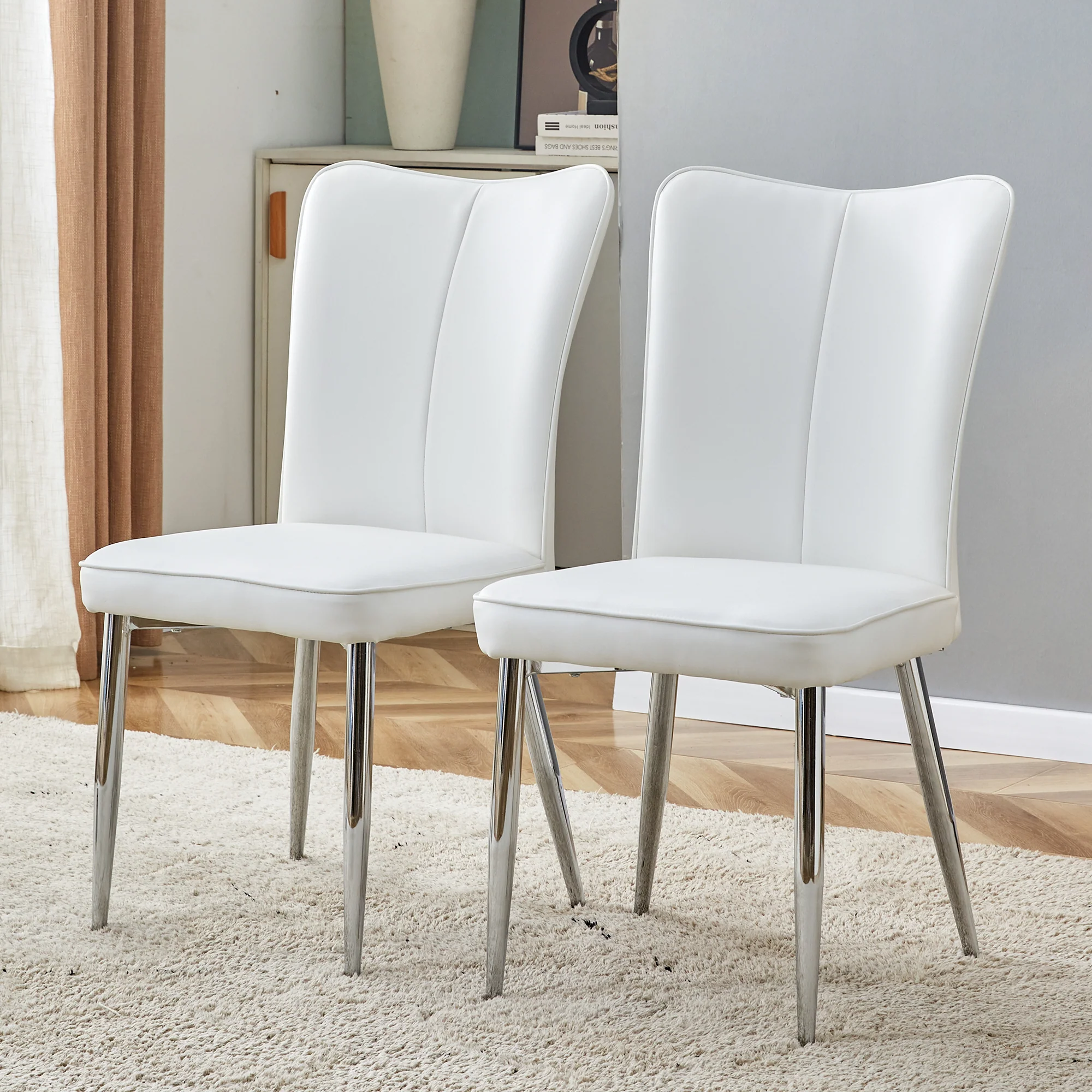 2x Modern Dining Chairs PU Leather Silver Metal Legs White - Image 2
