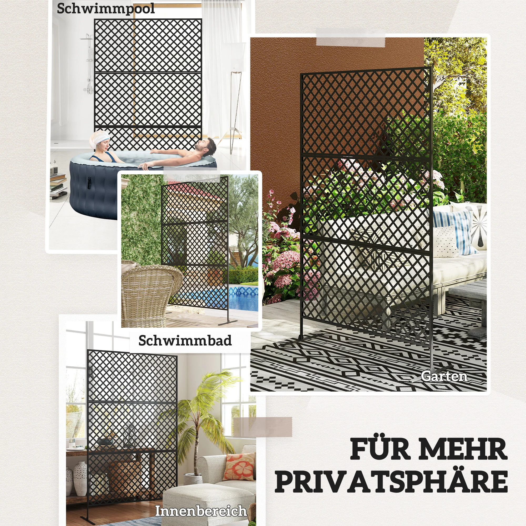 3-Panel Room Divider 122x198cm Freestanding Grid Screen, Steel, Black - Image 6
