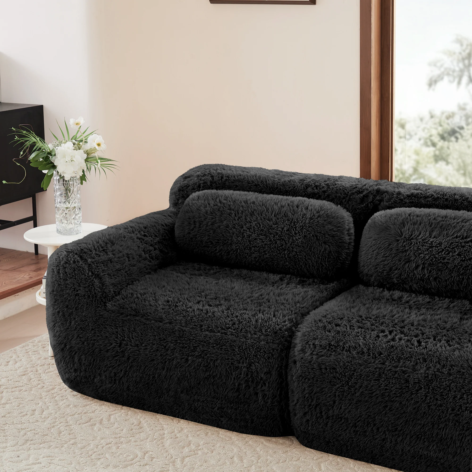 3-Seater Deep Sofa Modular Plush Fabric - Black - Image 10