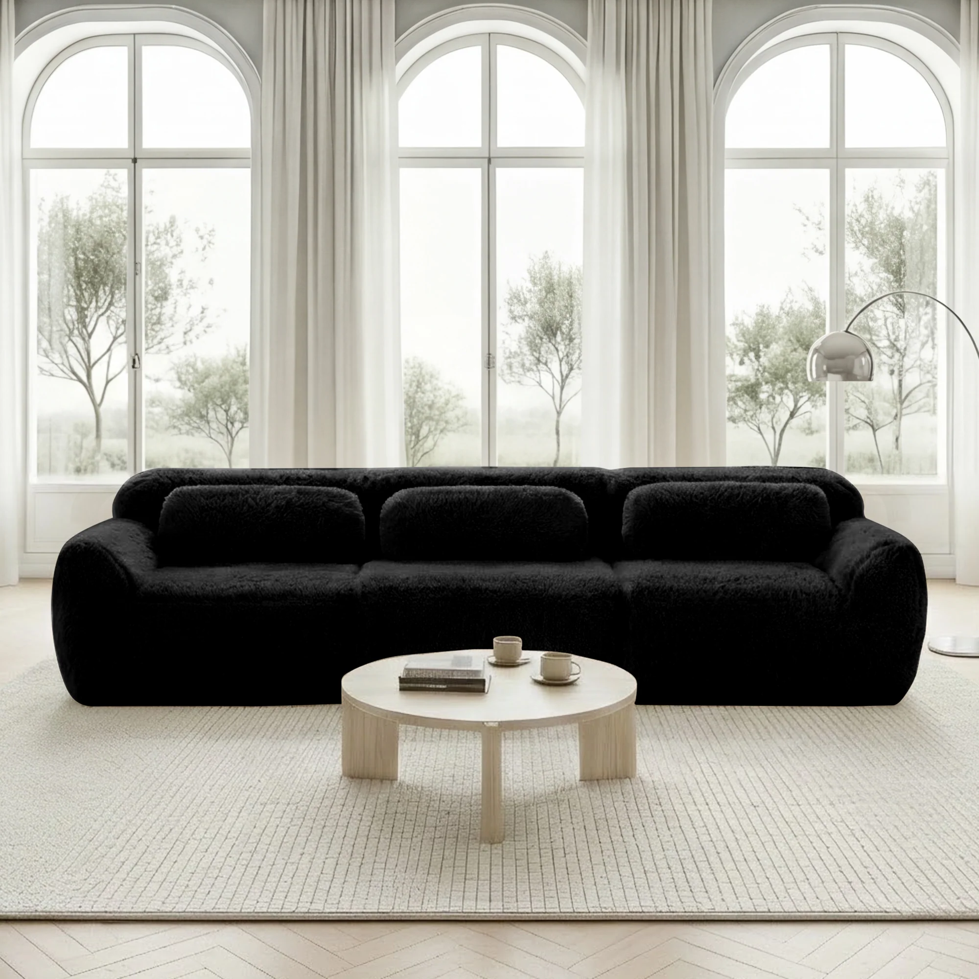 3-Seater Deep Sofa Modular Plush Fabric - Black - Image 2