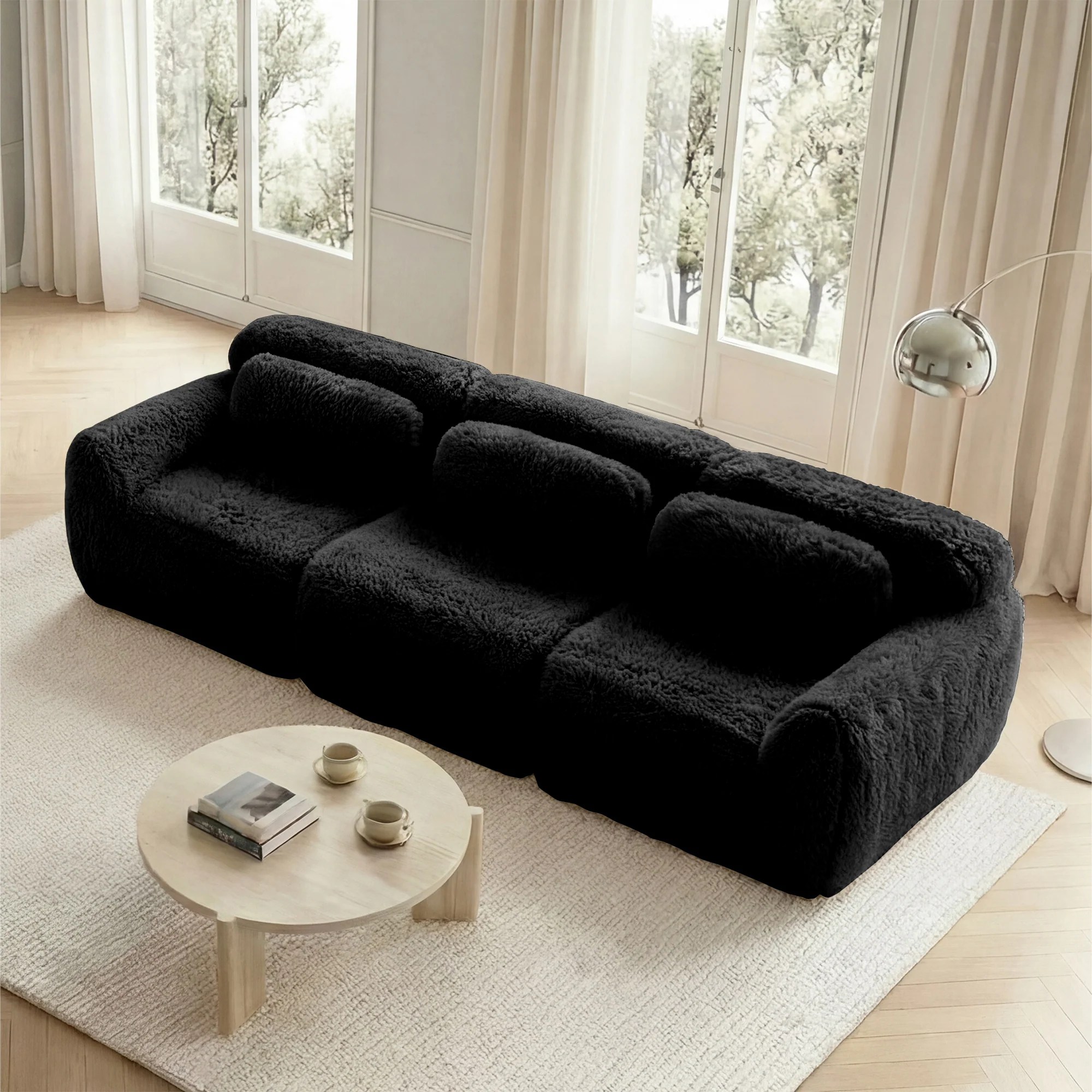 3-Seater Deep Sofa Modular Plush Fabric - Black - Image 3