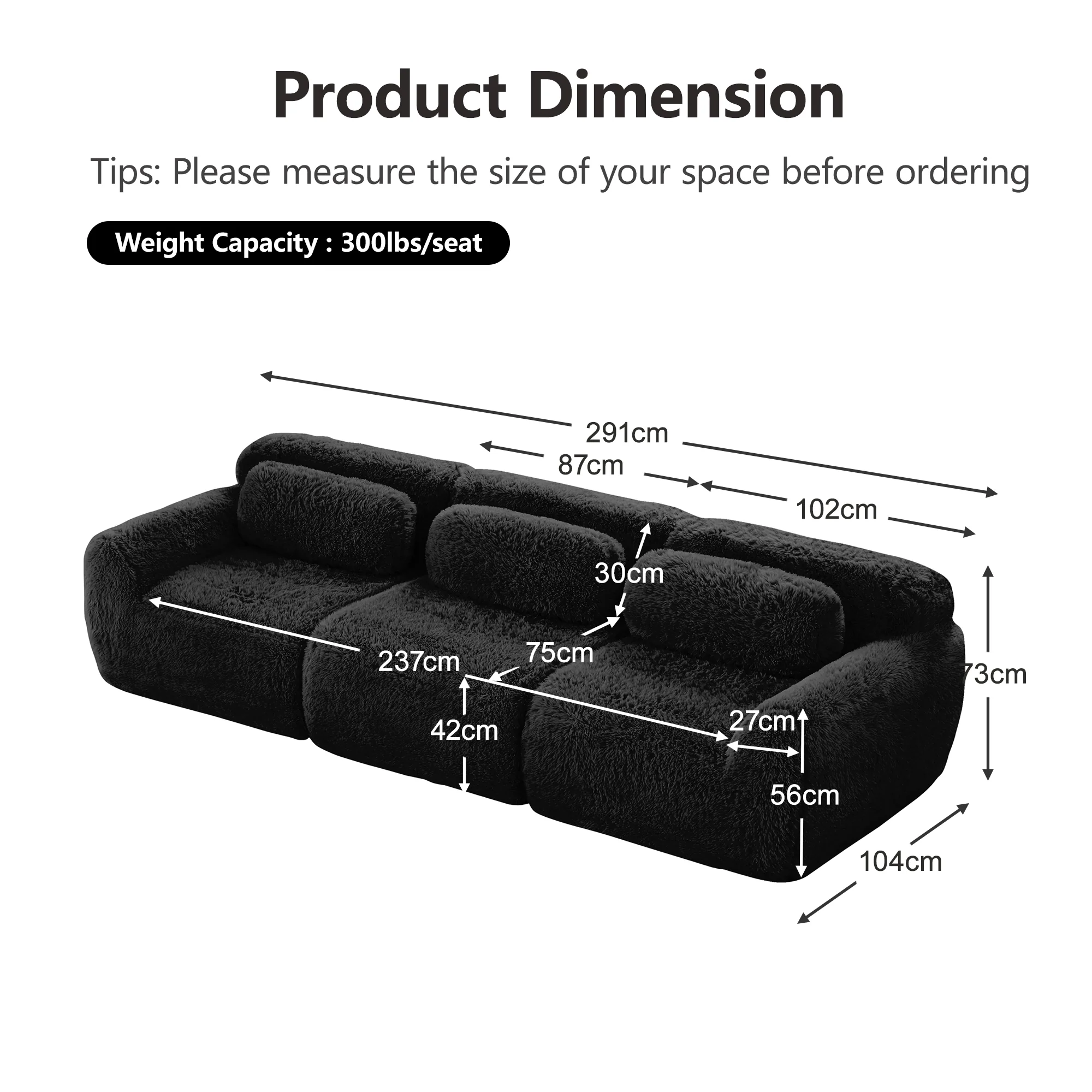 3-Seater Deep Sofa Modular Plush Fabric - Black - Image 7