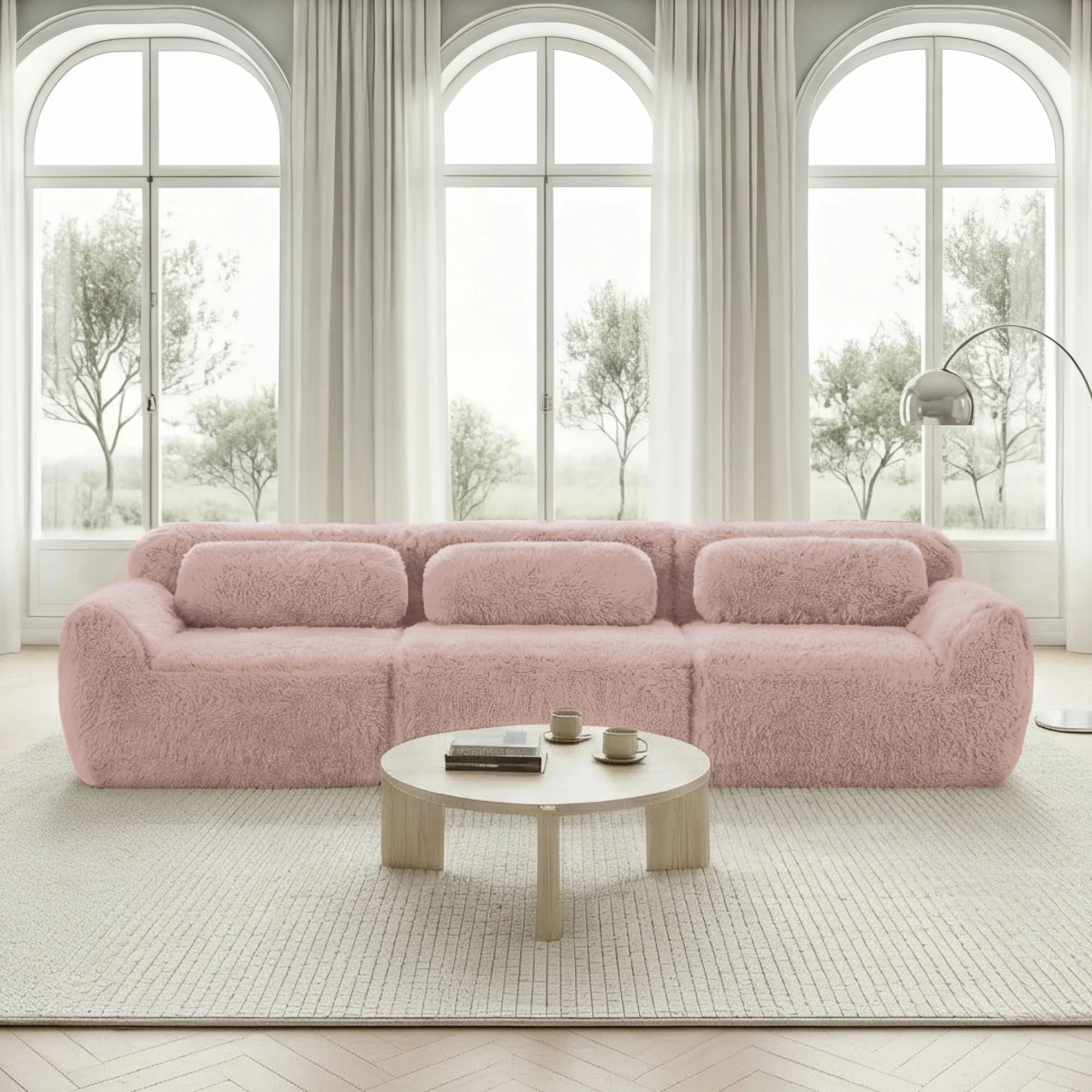 3-seater Deep Sofa Modular Plush Fabric with Cushions - Pink - Image 2