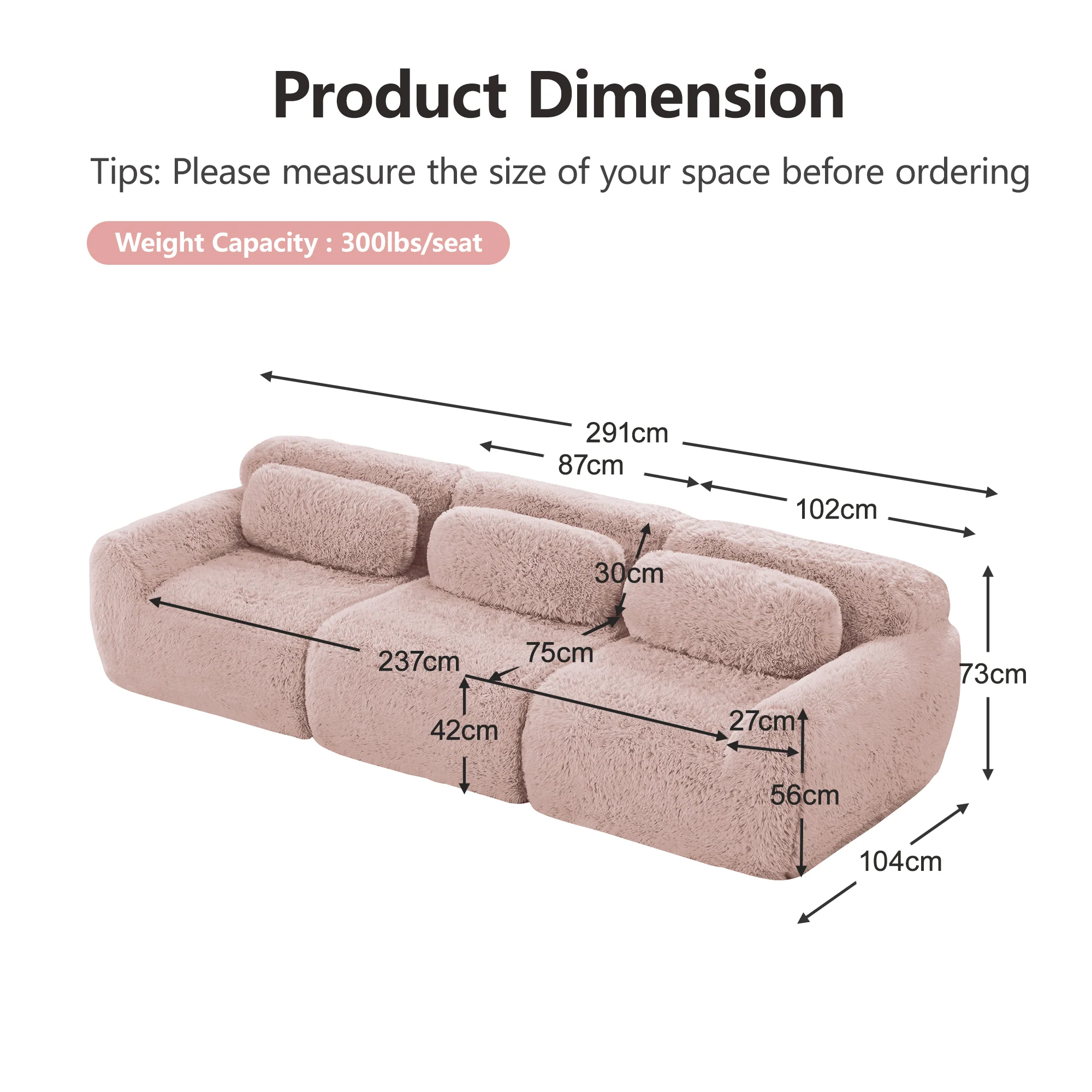 3-seater Deep Sofa Modular Plush Fabric with Cushions - Pink - Image 7