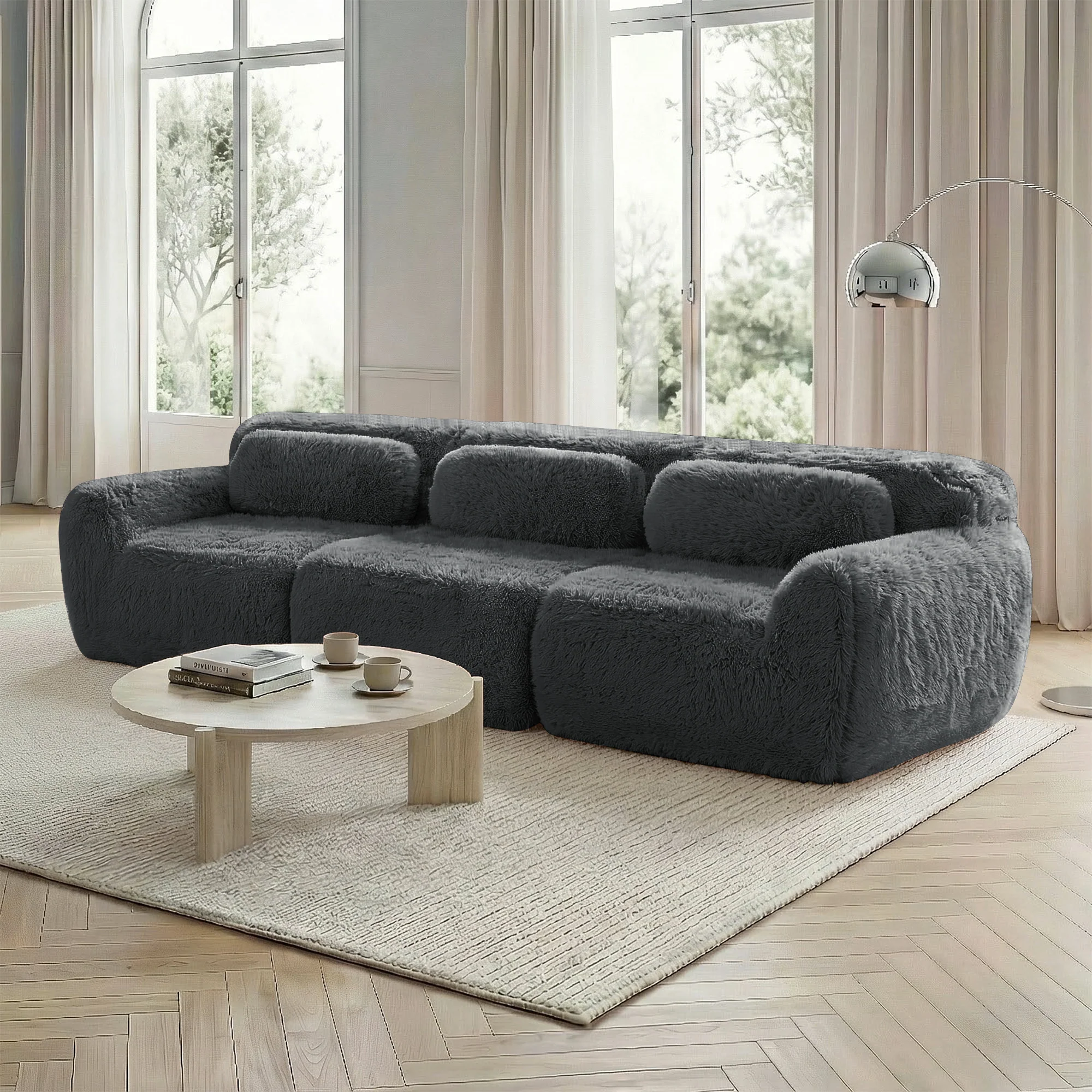 3-Seater Deep Sofa Modular Premium Plush Fabric - Grey
