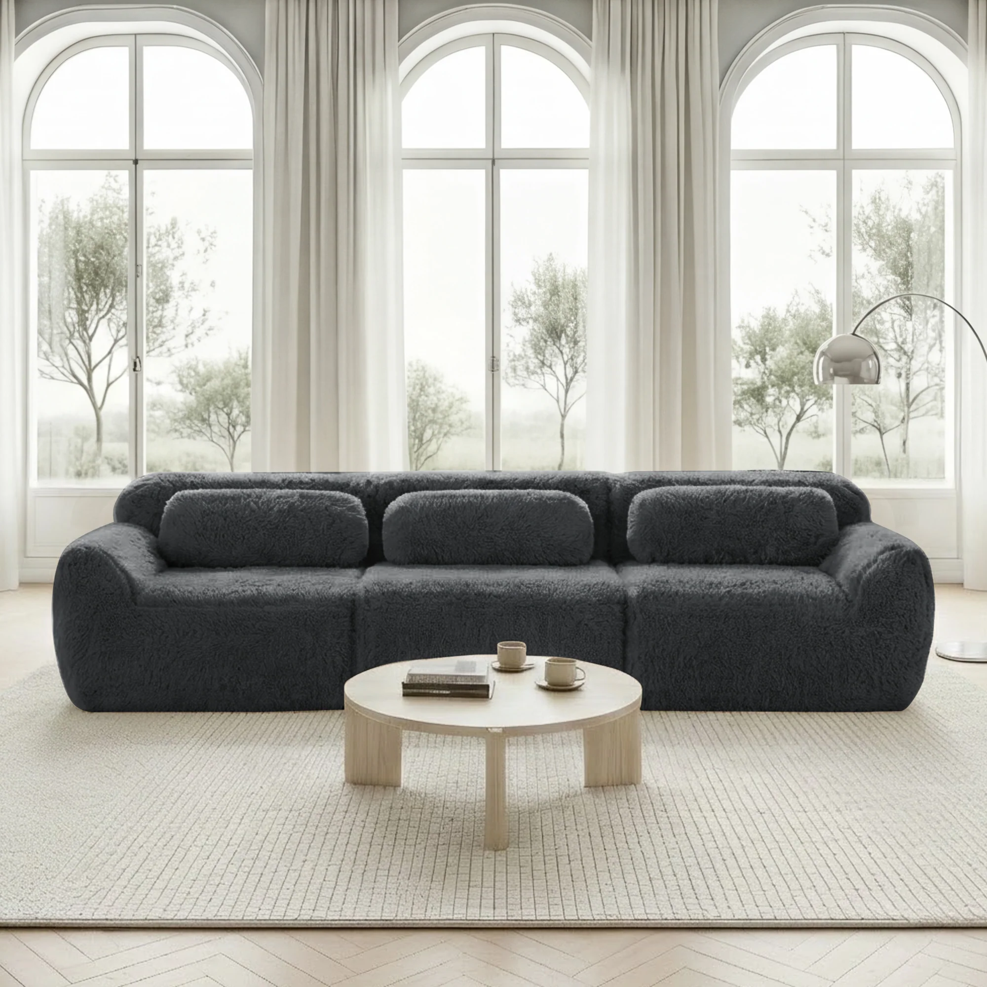 3-Seater Deep Sofa Modular Premium Plush Fabric - Grey - Image 2