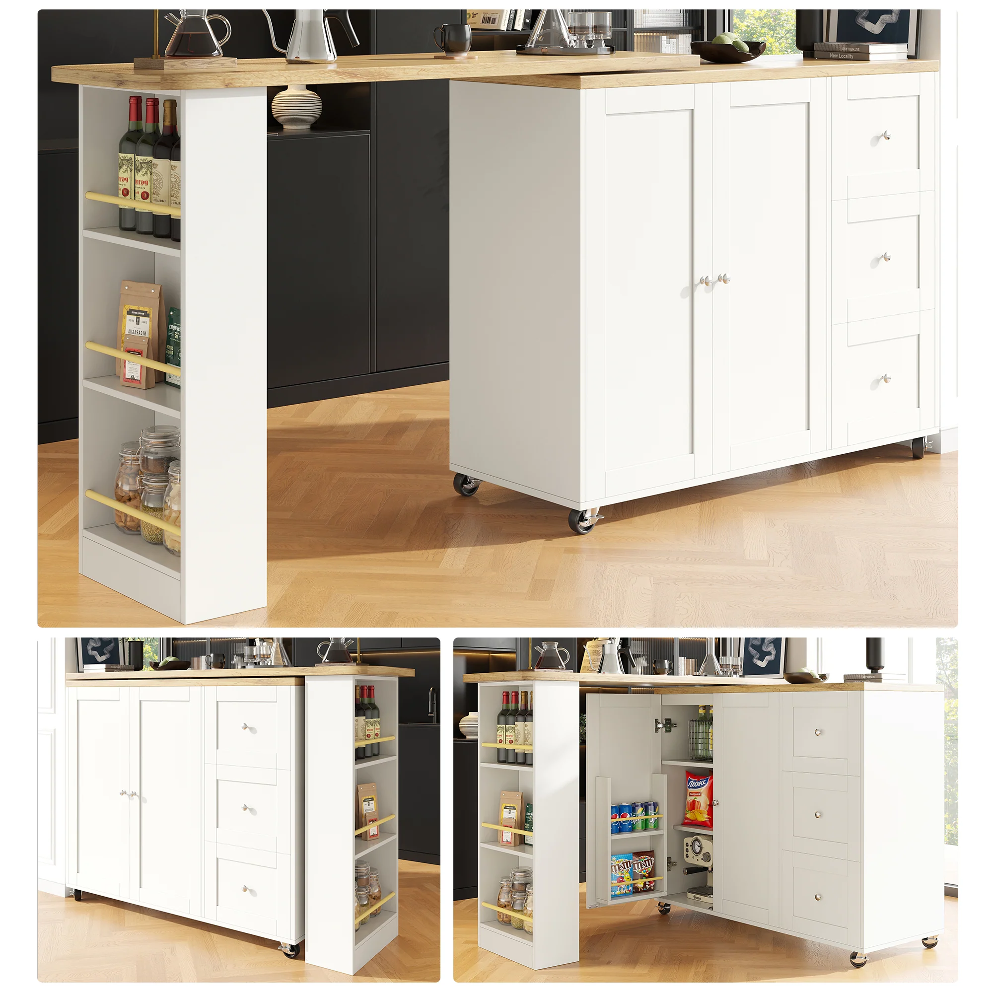 360° Rotating Bar Table Extendable Storage Island with 3 Drawers and Casters, White