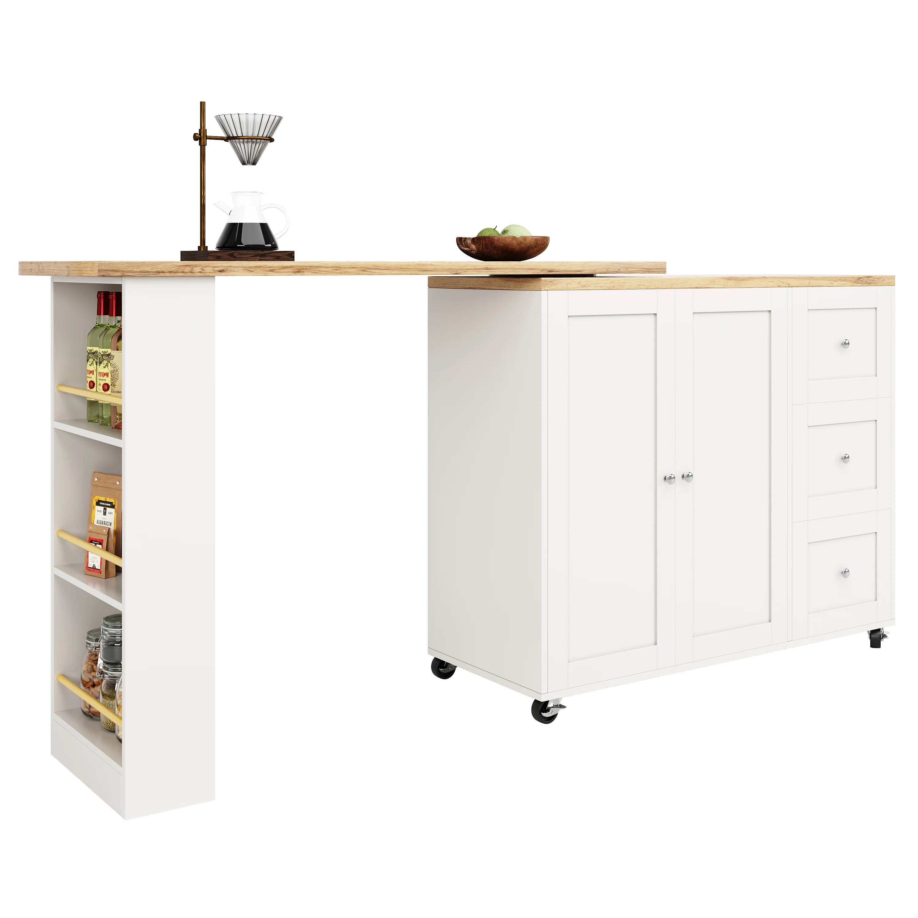 360° Rotating Bar Table Extendable Storage Island with 3 Drawers and Casters, White - Image 10
