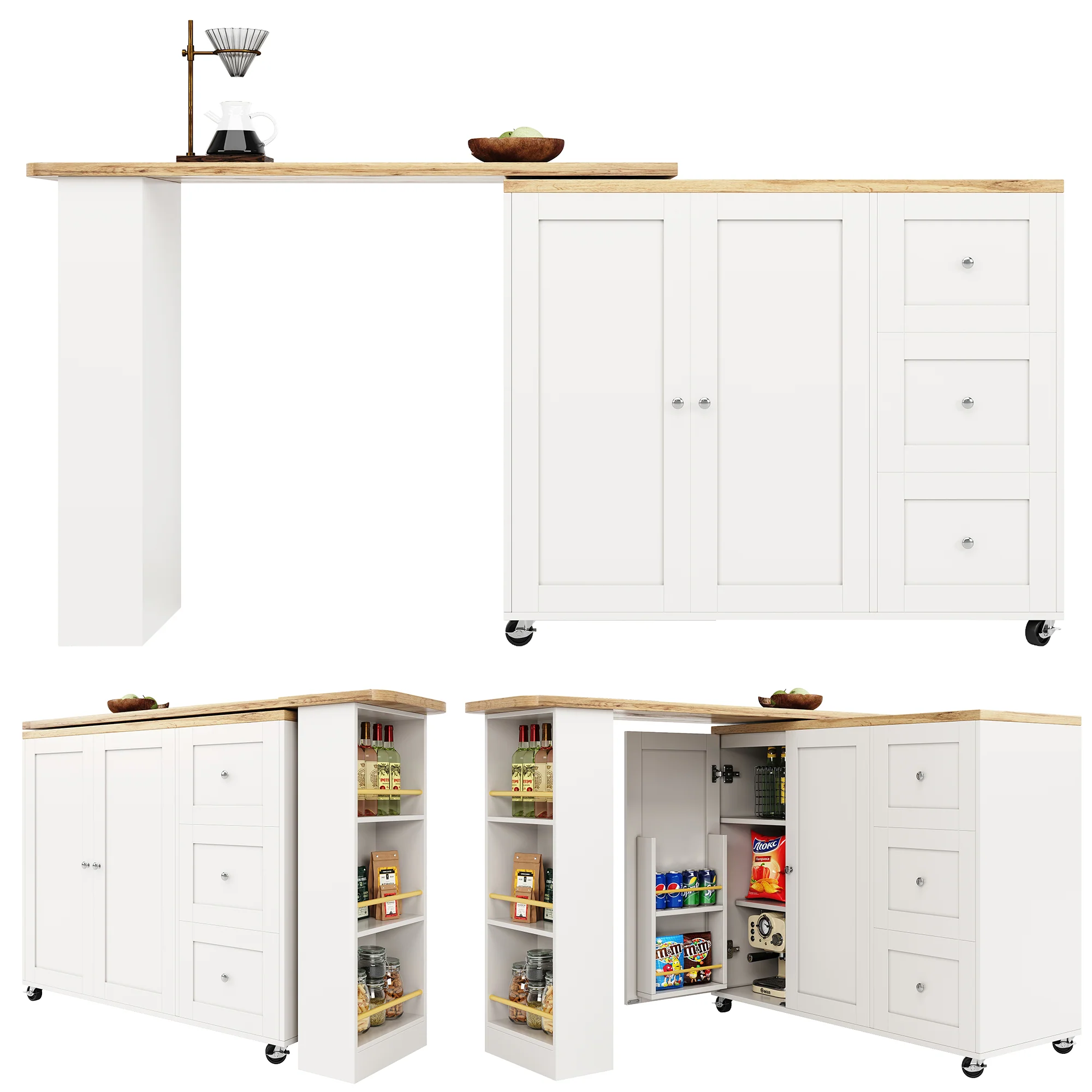 360° Rotating Bar Table Extendable Storage Island with 3 Drawers and Casters, White - Image 2