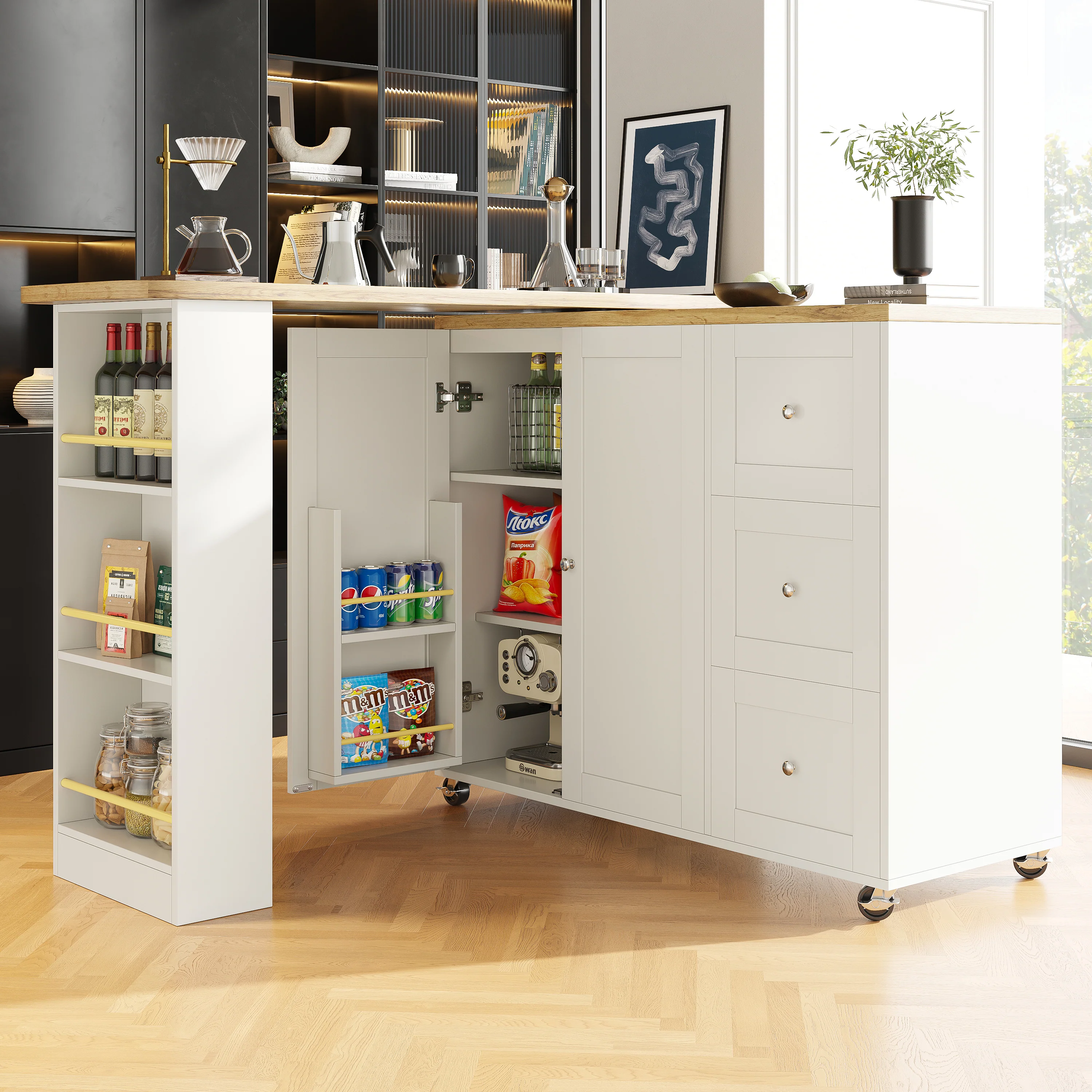 360° Rotating Bar Table Extendable Storage Island with 3 Drawers and Casters, White - Image 4