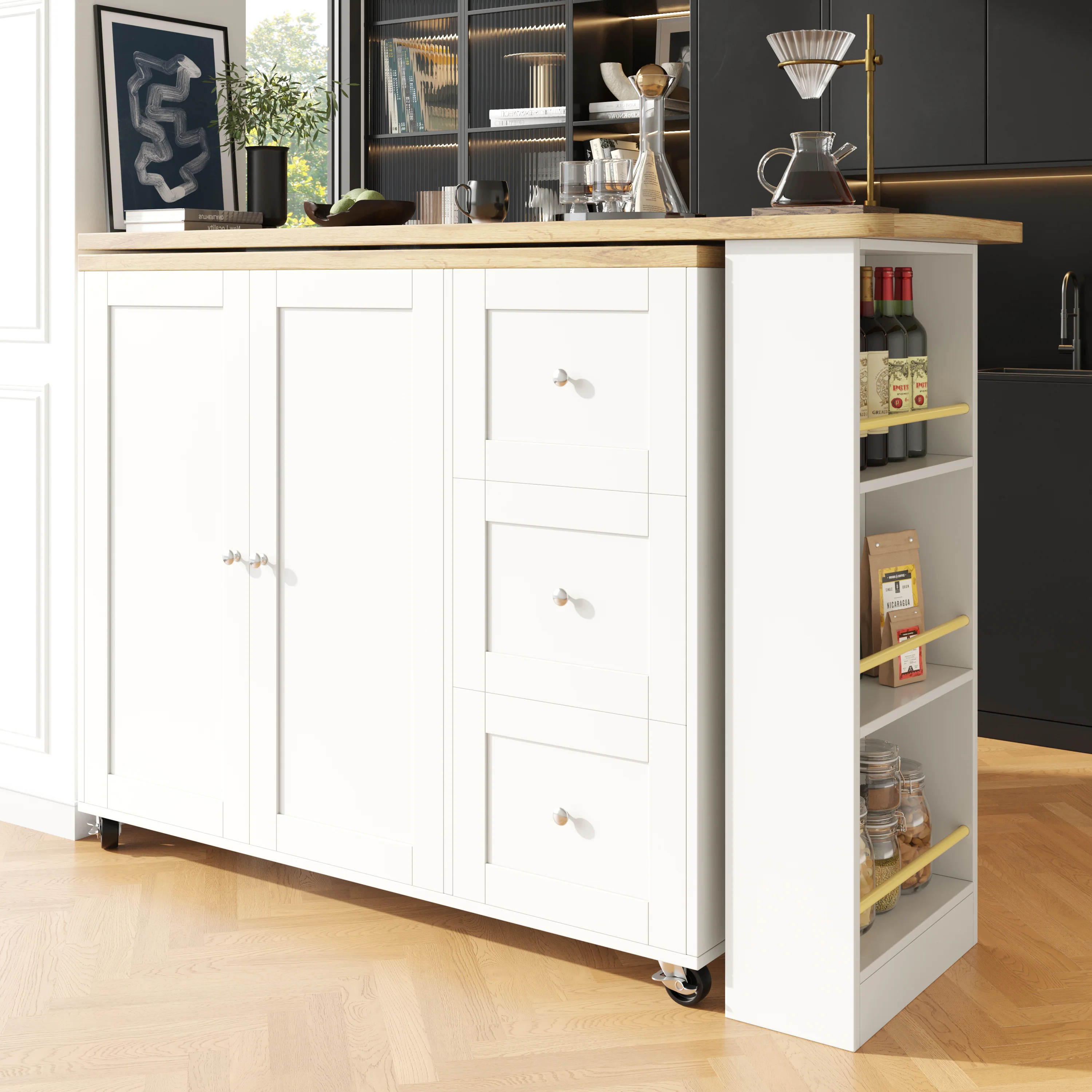 360° Rotating Bar Table Extendable Storage Island with 3 Drawers and Casters, White - Image 5