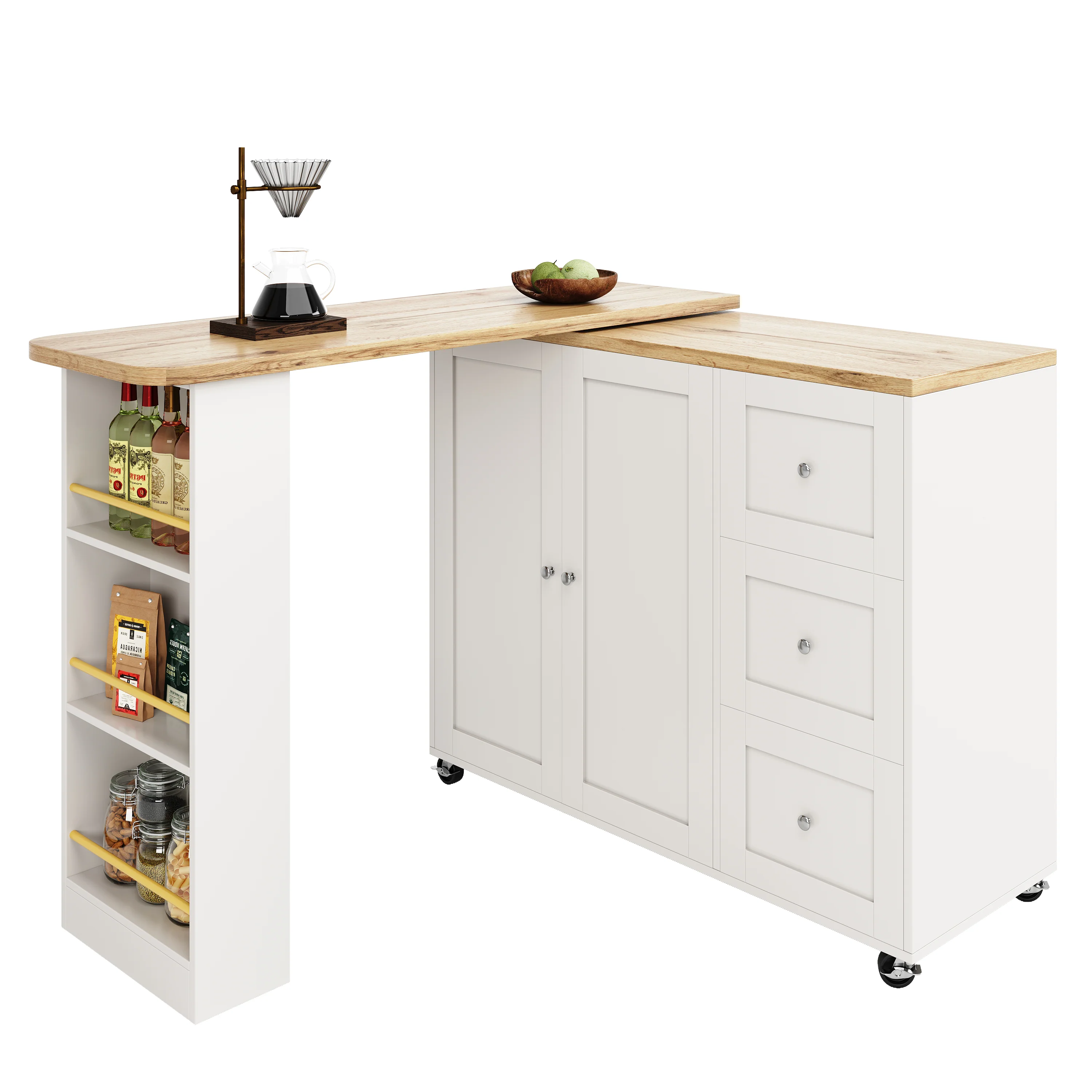 360° Rotating Bar Table Extendable Storage Island with 3 Drawers and Casters, White - Image 6
