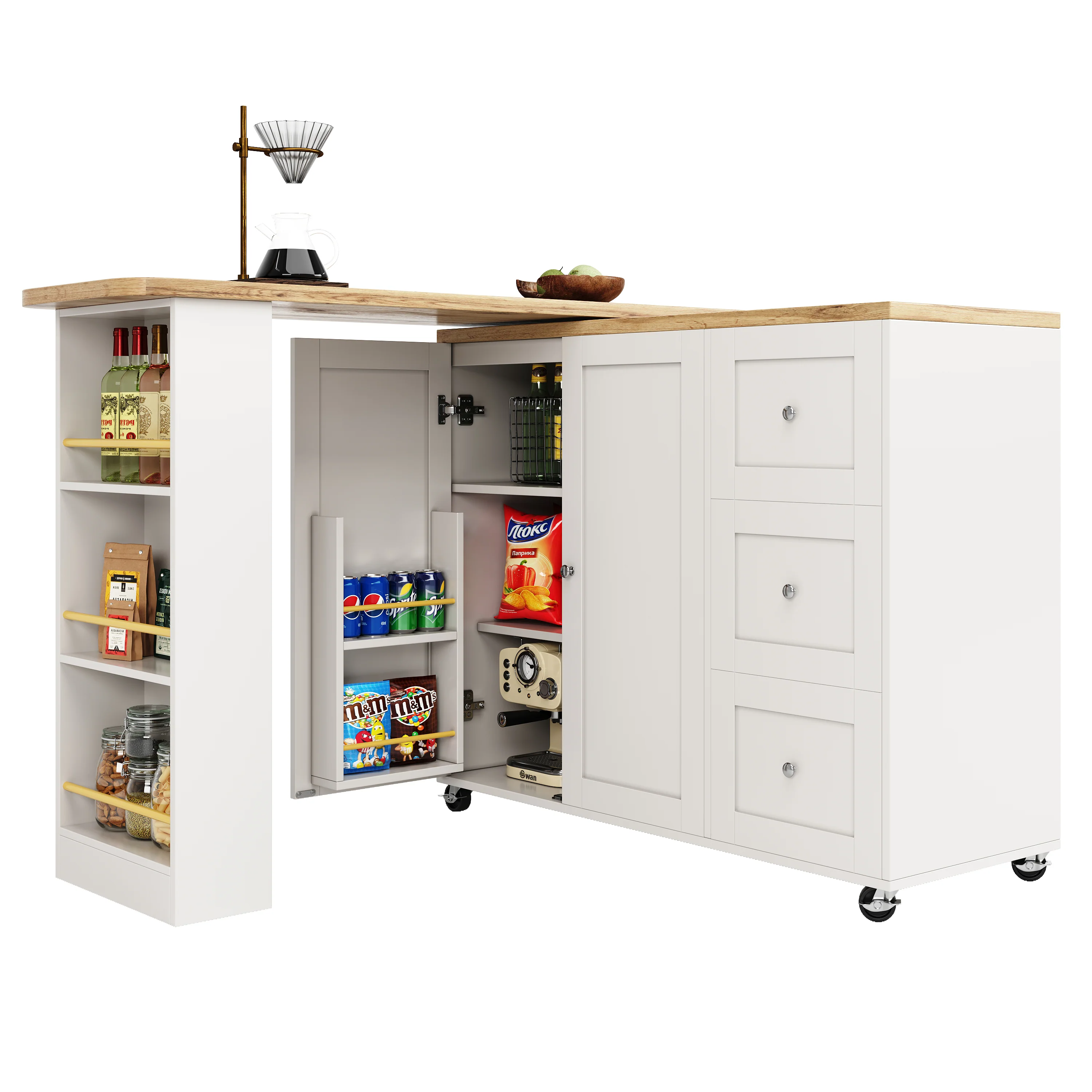 360° Rotating Bar Table Extendable Storage Island with 3 Drawers and Casters, White - Image 7