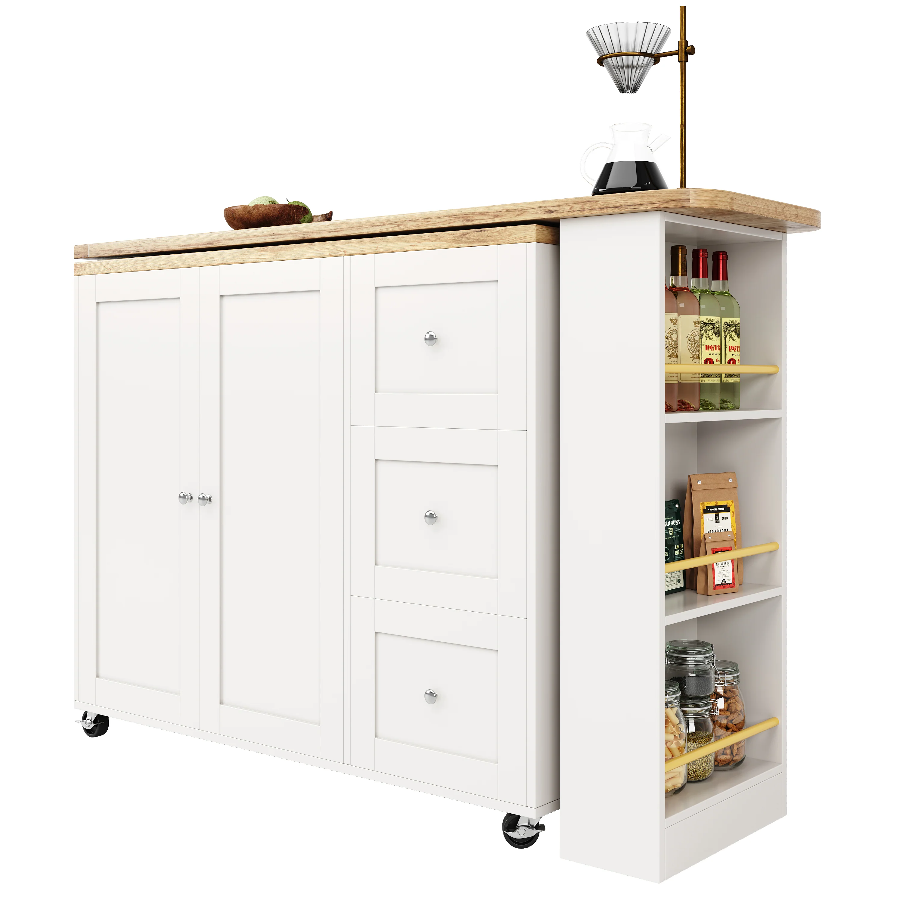 360° Rotating Bar Table Extendable Storage Island with 3 Drawers and Casters, White - Image 8