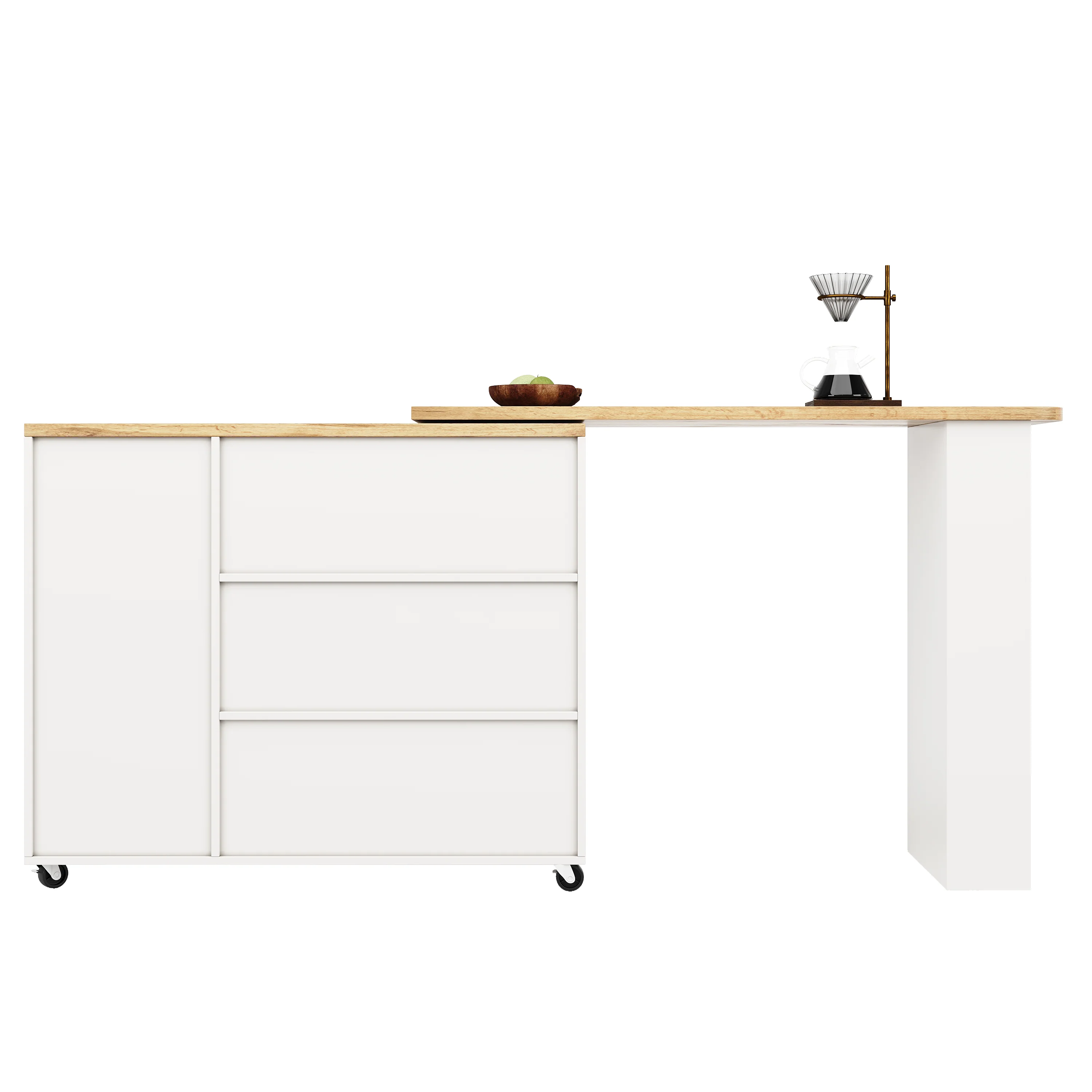 360° Rotating Bar Table Extendable Storage Island with 3 Drawers and Casters, White - Image 9