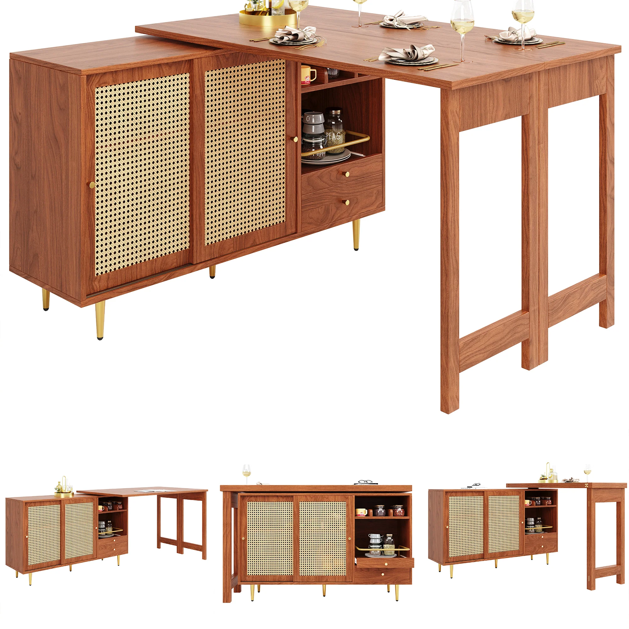 360° Rotating Bar Table Extendable Storage Rattan Door Brown - Image 2