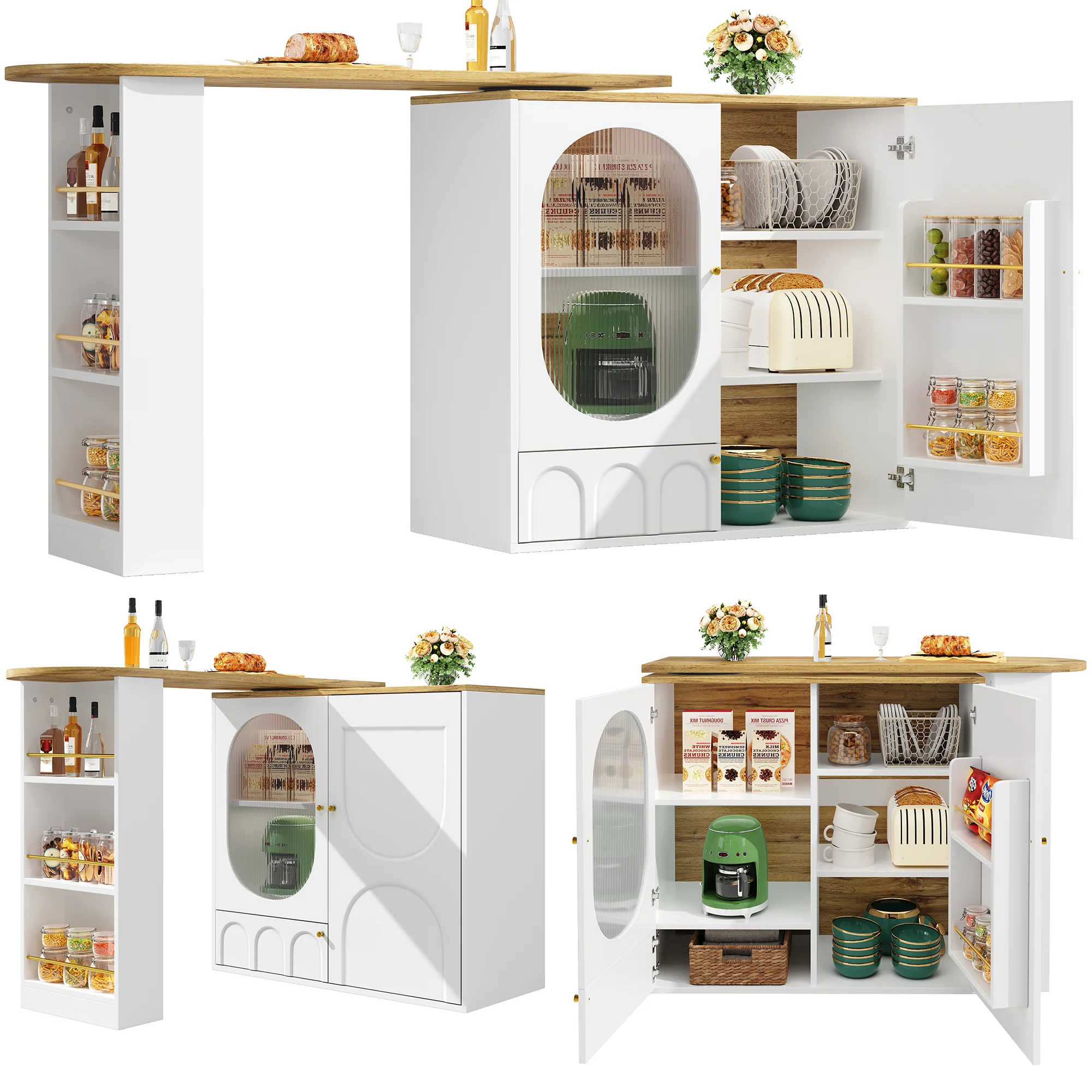 360° Rotating Bar Table Kitchen Island Storage Cabinet - White/Black - Image 2
