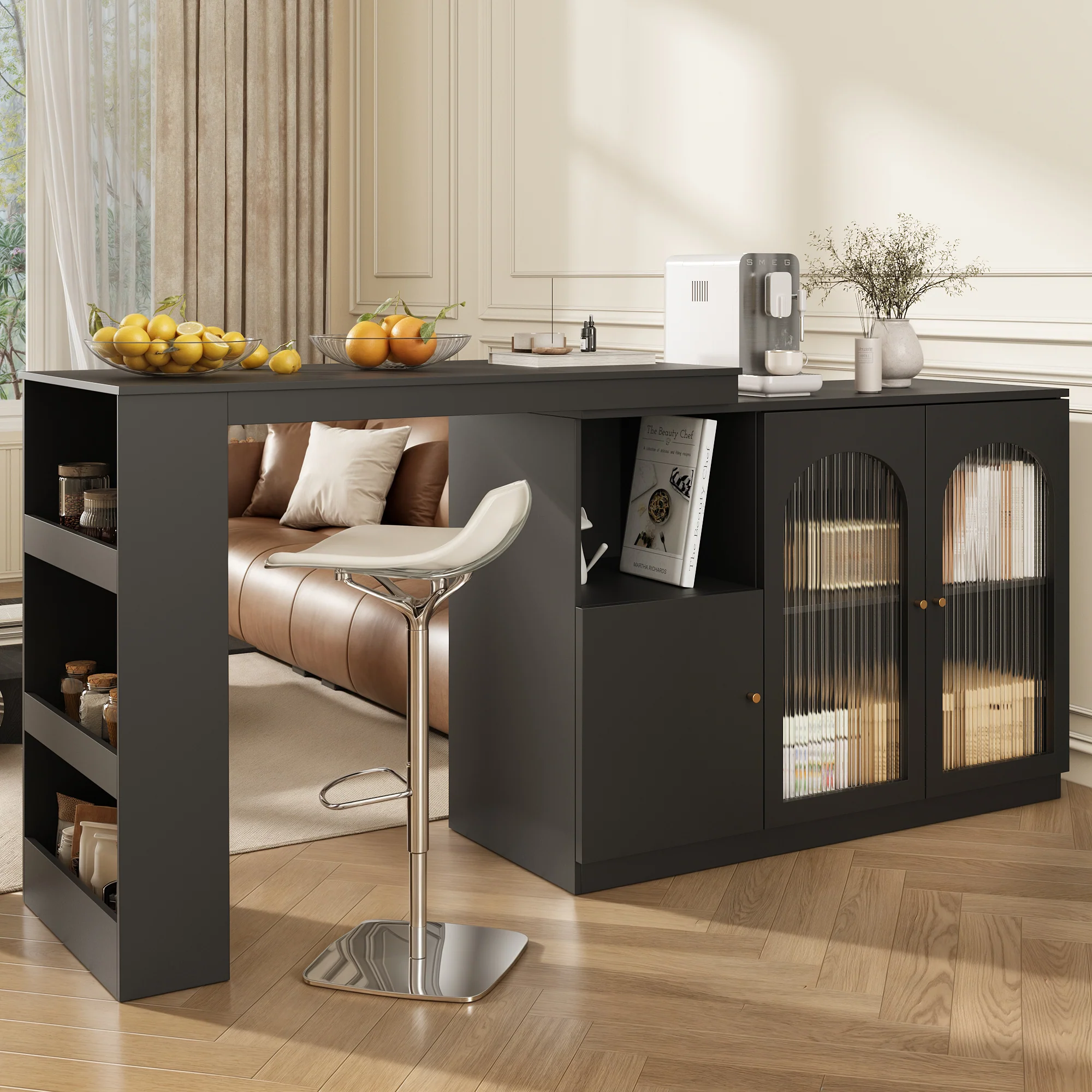 360° Rotating Bar Table, Multifunctional Dining & Bar Cabinet, Glass Door Storage, Black