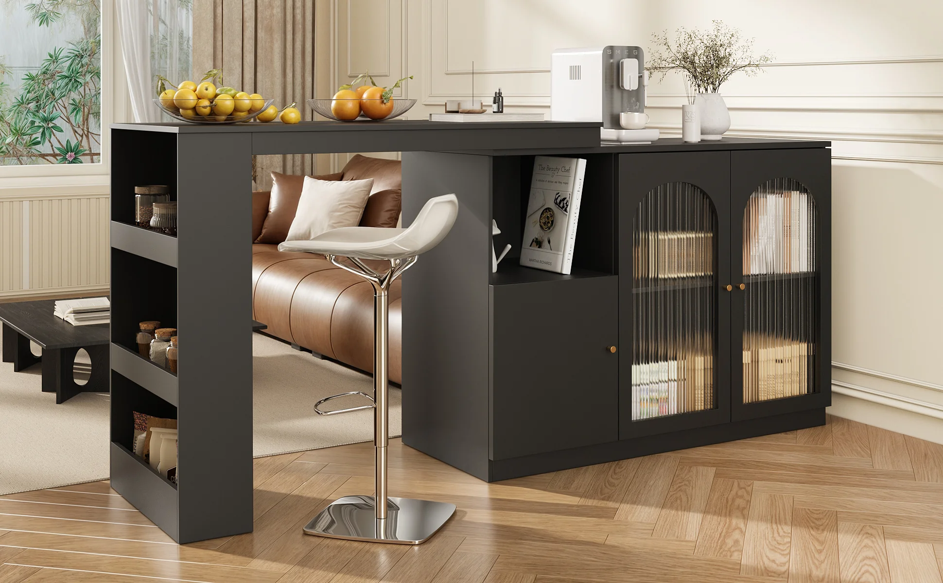 360° Rotating Bar Table, Multifunctional Dining & Bar Cabinet, Glass Door Storage, Black - Image 5