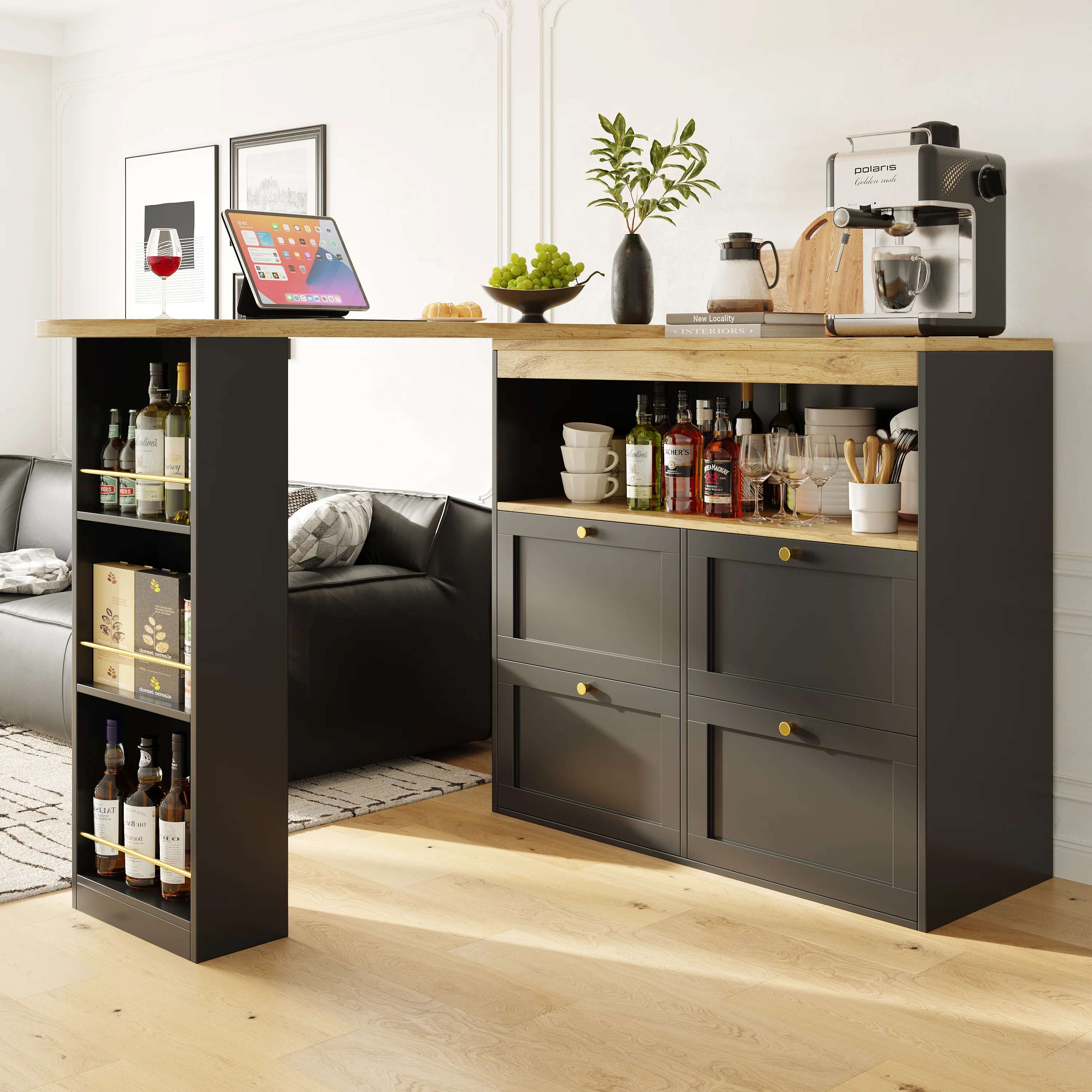 360° Rotating Bar Table with 4 Drawers and Open Shelves Storage - Image 10