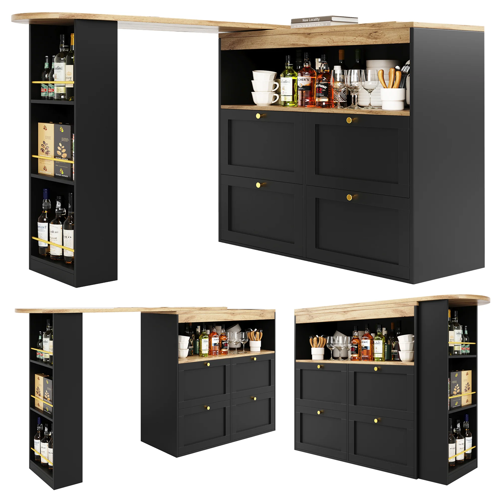 360° Rotating Bar Table with 4 Drawers and Open Shelves Storage - Image 2