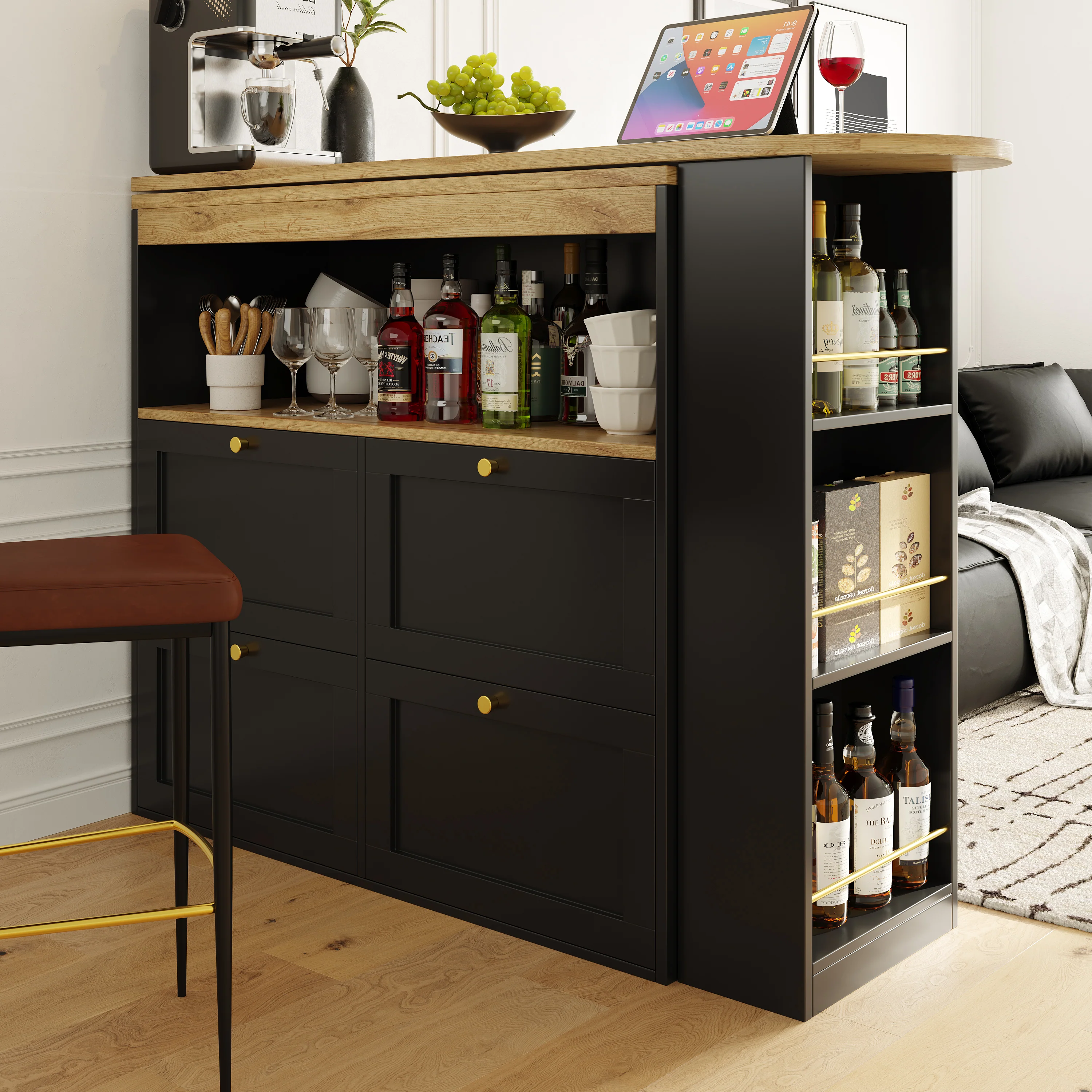 360° Rotating Bar Table with 4 Drawers and Open Shelves Storage - Image 3