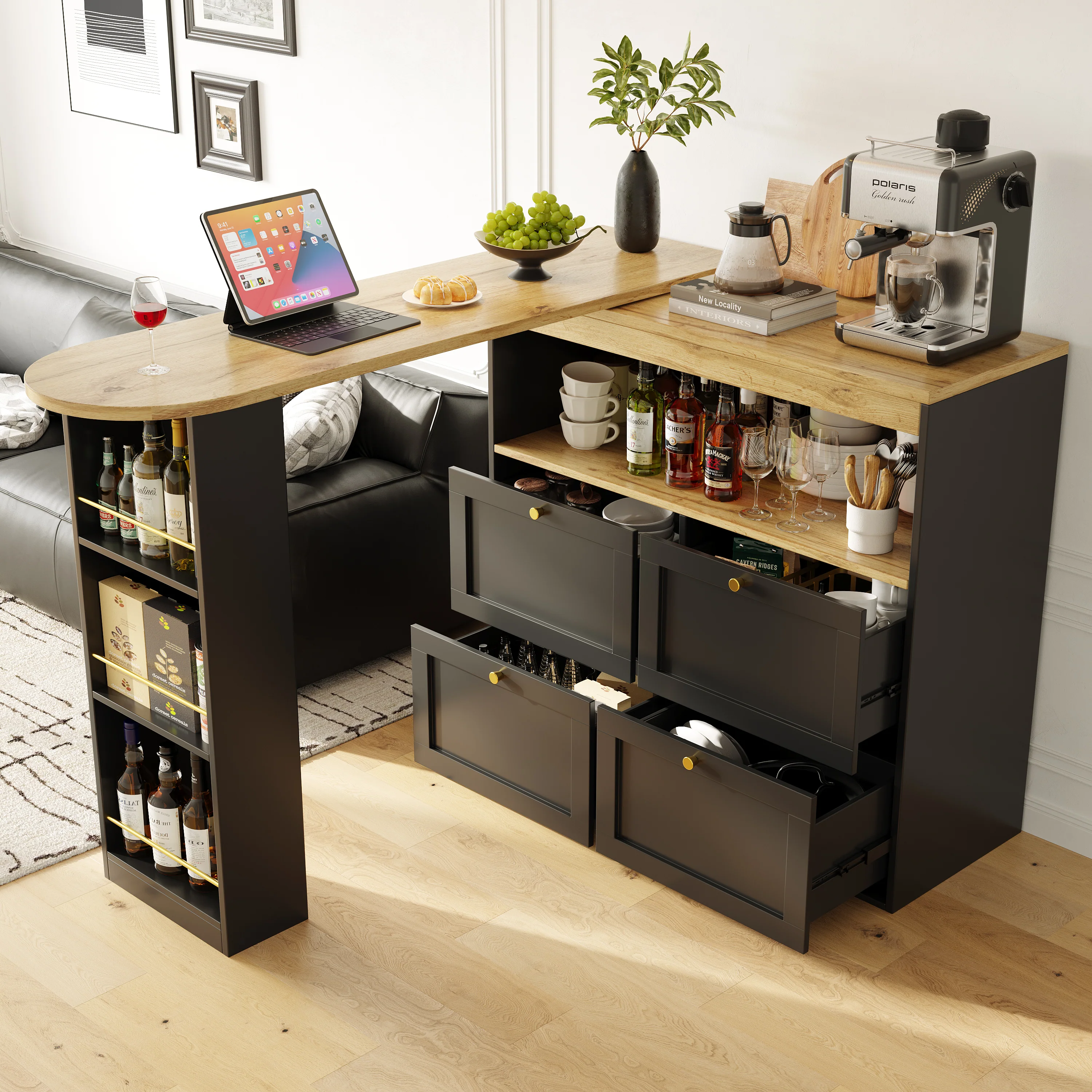 360° Rotating Bar Table with 4 Drawers and Open Shelves Storage - Image 5