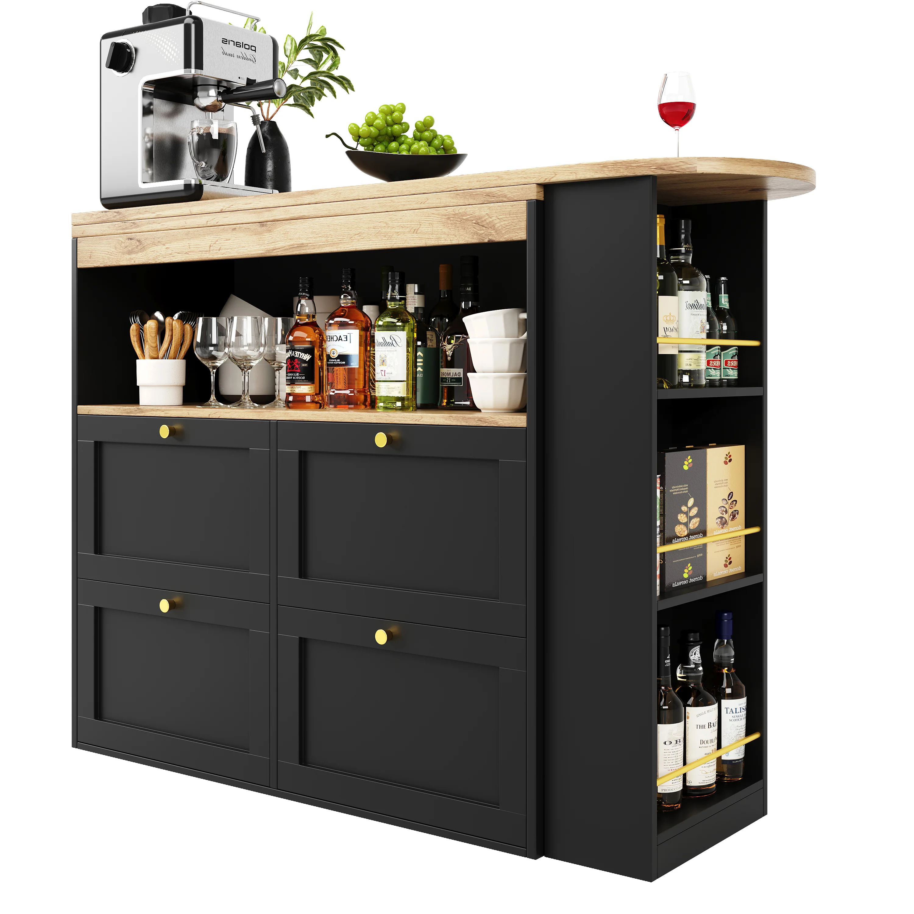 360° Rotating Bar Table with 4 Drawers and Open Shelves Storage - Image 6