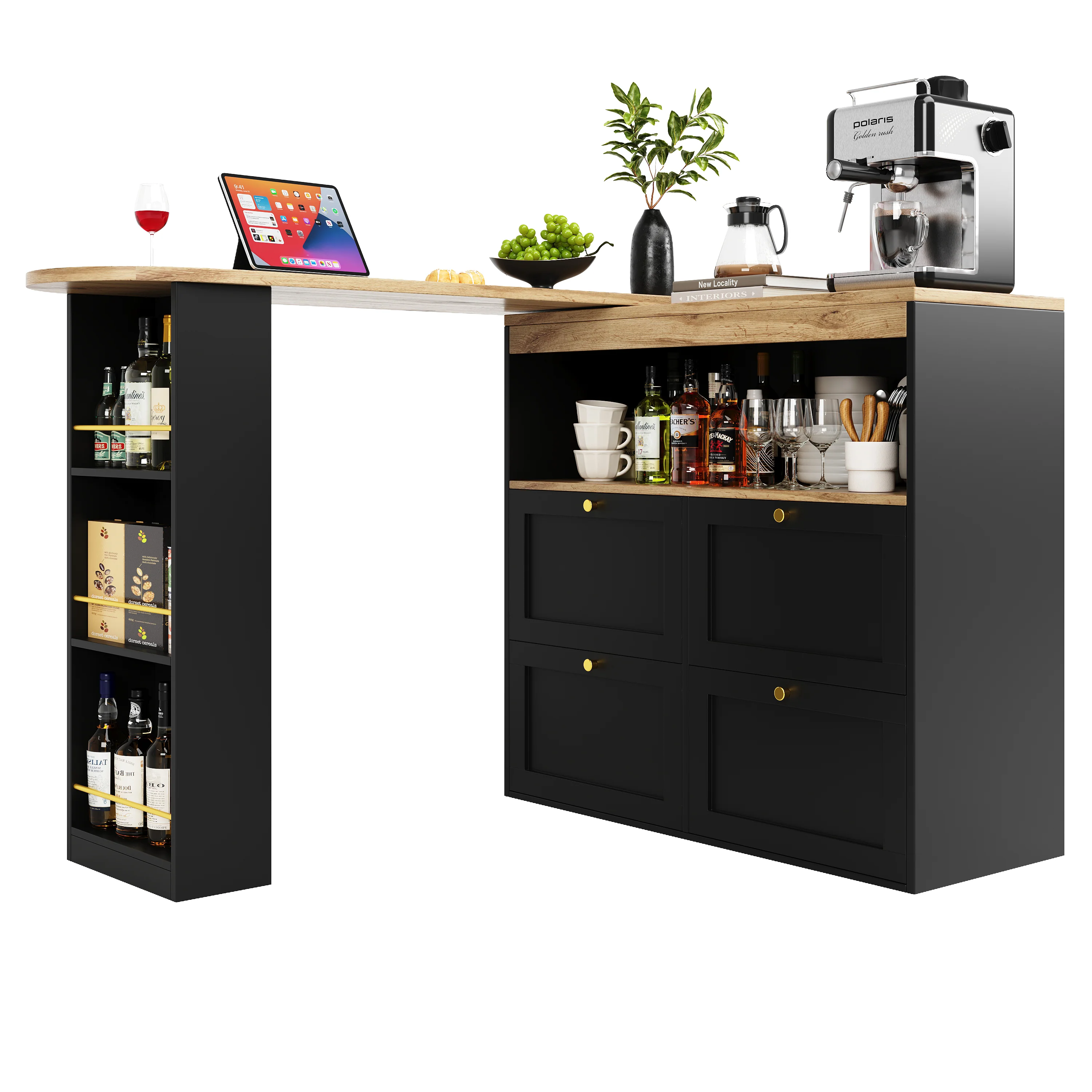360° Rotating Bar Table with 4 Drawers and Open Shelves Storage - Image 8